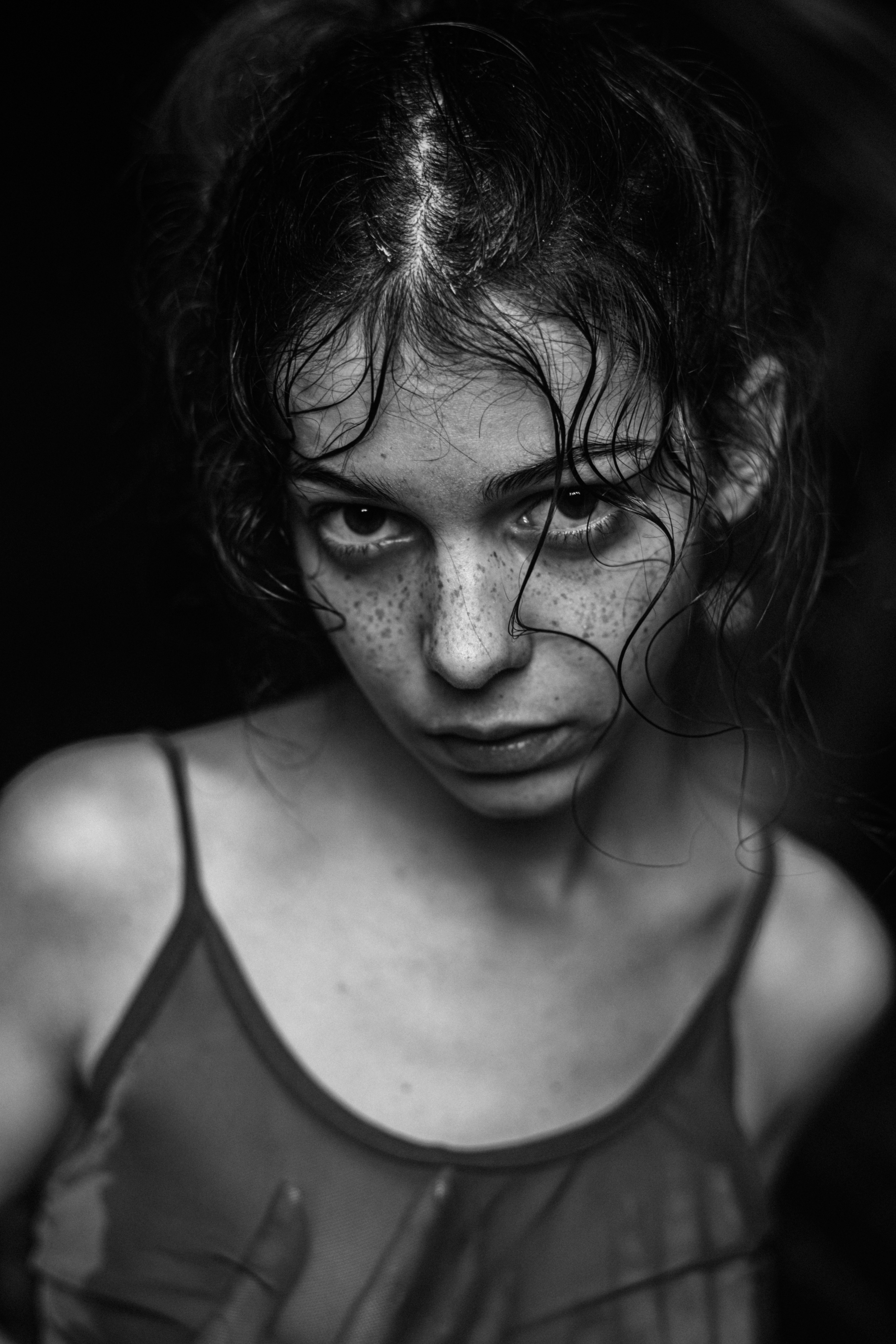 People 2333x3500 women Tanya Asmodeus freckles hair in face monochrome