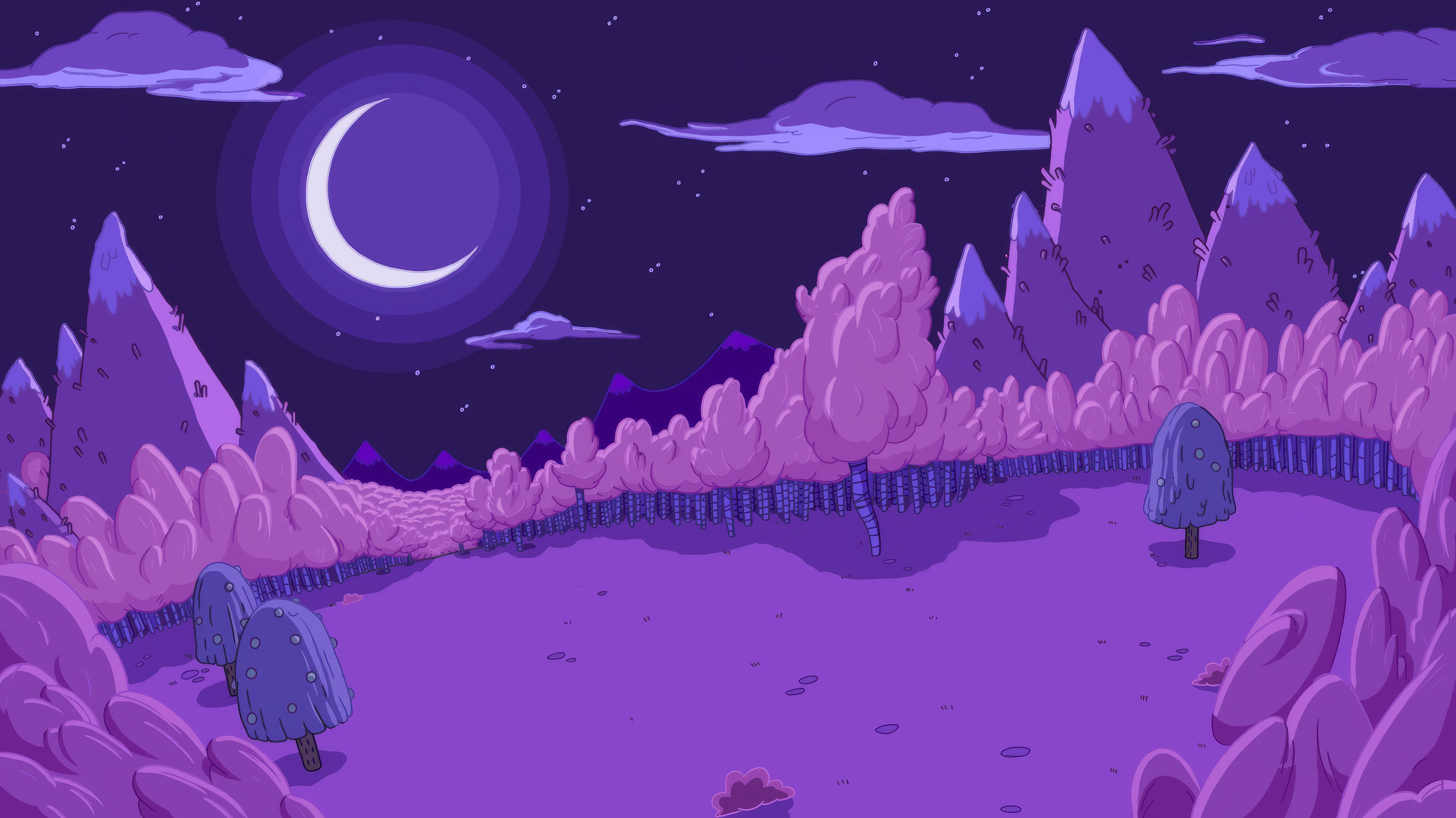 General 4938x2775 drawing Moon moonlight surreal night trees forest digital art sky clouds pink purple blue grass stars AI art crescent moon