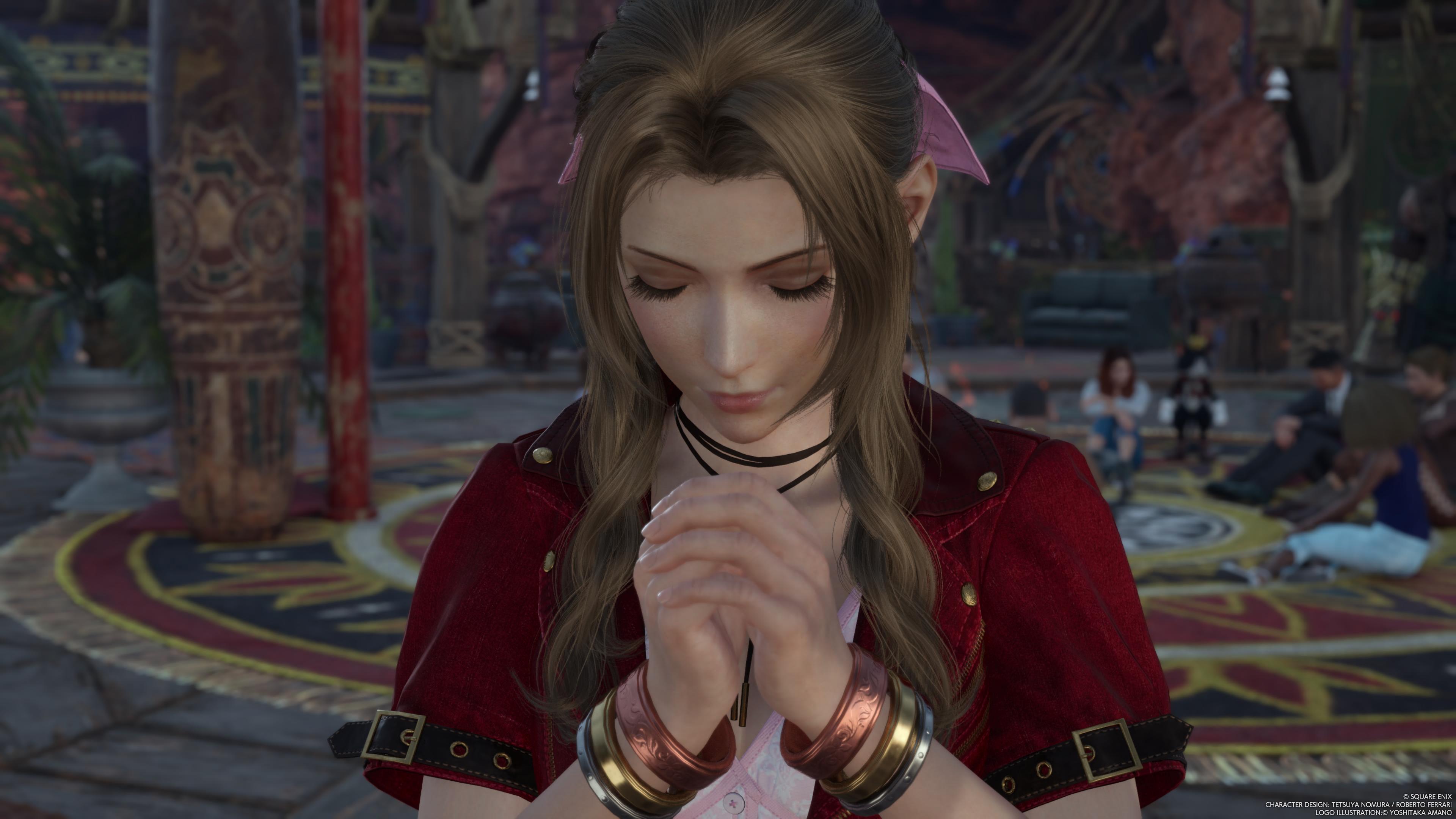 General 3840x2160 Final Fantasy VII: Rebirth Aerith Gainsborough Final Fantasy video games video game girls JRPGs Square Enix long hair video game characters CGI closed mouth closed eyes brunette praying bracelets watermarked Yoshitaka Amano face video game art screen shot blurry background fingers