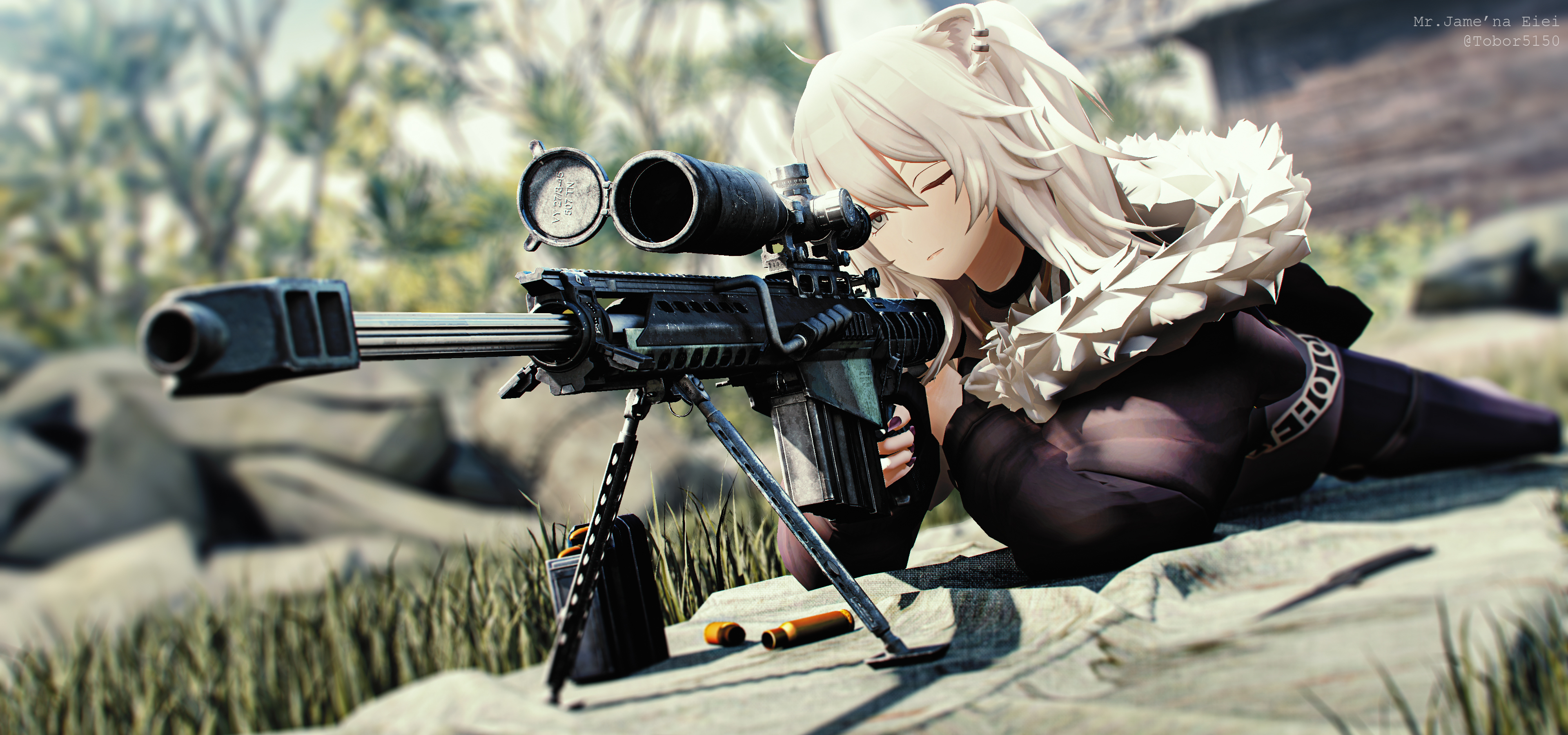 Anime 3840x1800 artwork anime girls blonde white hair sniper rifle jacket scopes girls with guns blurry background CGI aiming hair between eyes long hair lying on front lying down ammunition grass watermarked animal ears one eye closed closed mouth purple nails painted nails