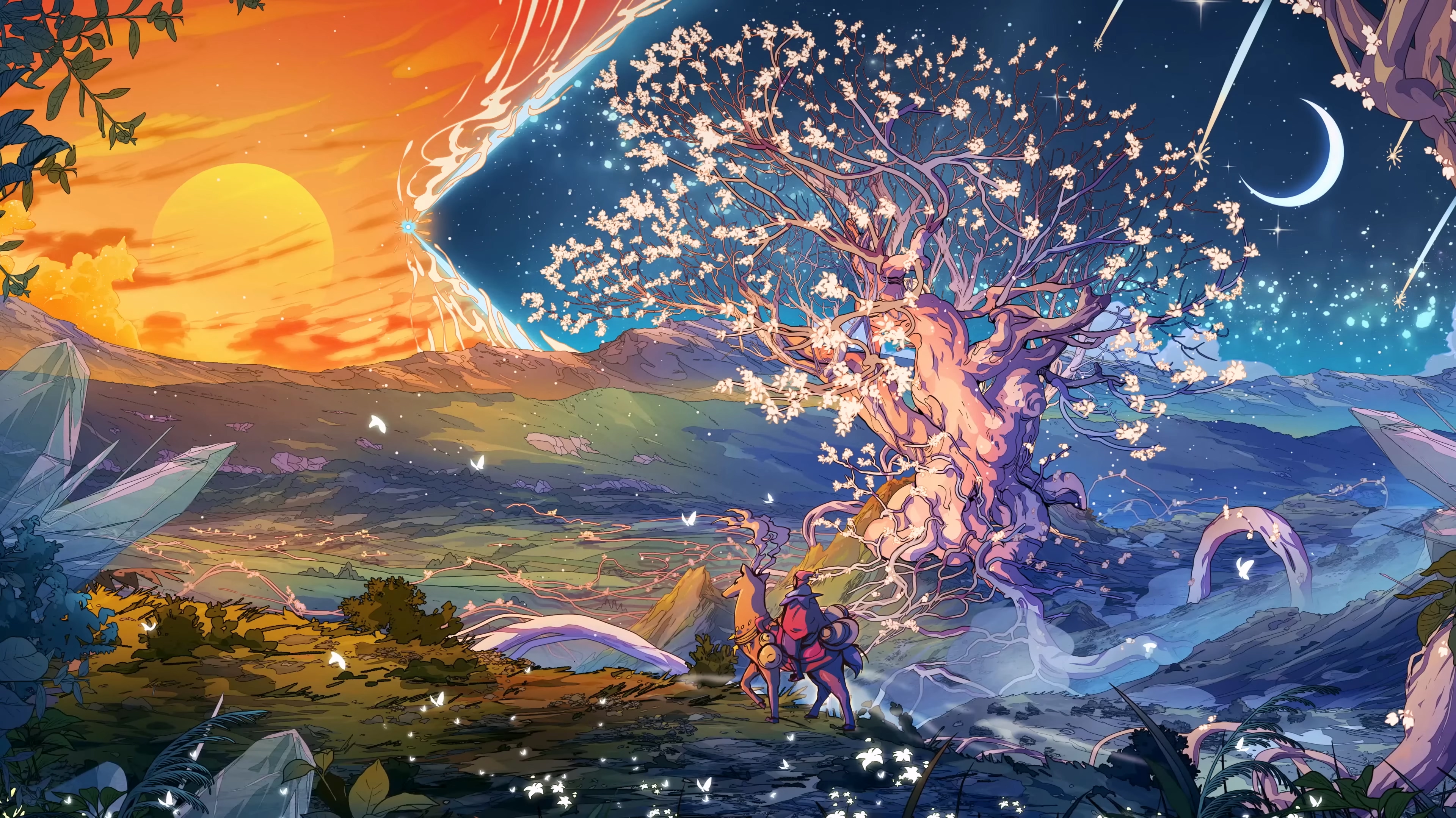 General 3840x2160 digital art artwork illustration landscape Christian Benavides 4K colorful fantasy art trees Moon Sun nature stars animals birds