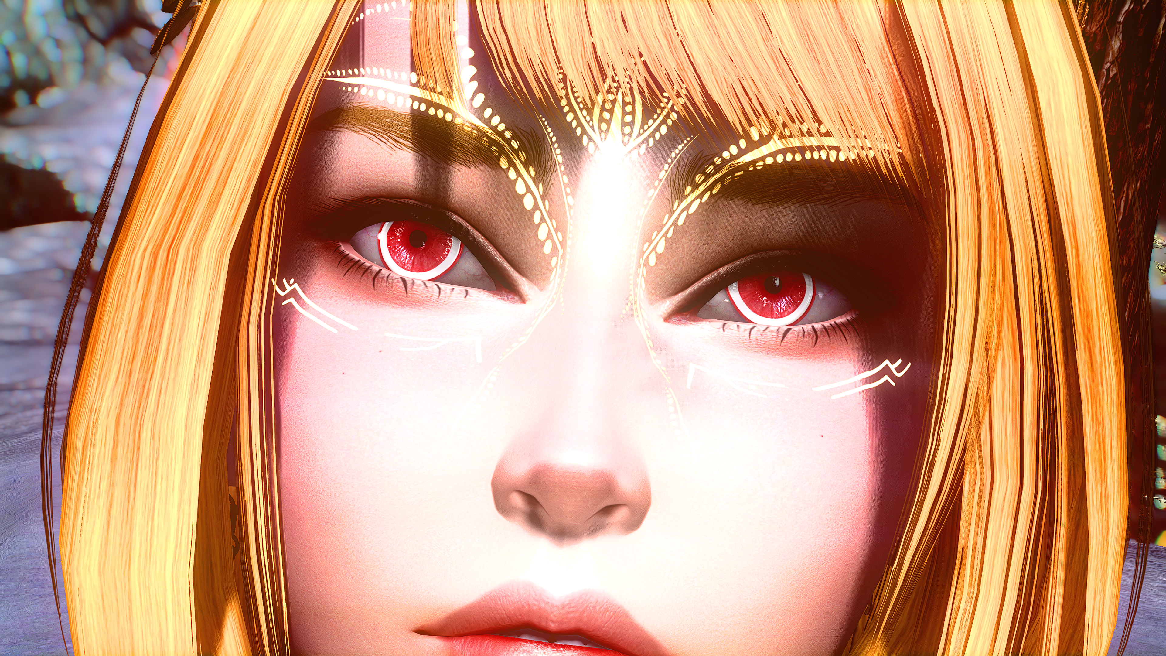 General 3840x2160 The Elder Scrolls V: Skyrim Bethesda Softworks video games closeup video game art face video game characters CGI screen shot blonde red eyes parted lips looking at viewer bright