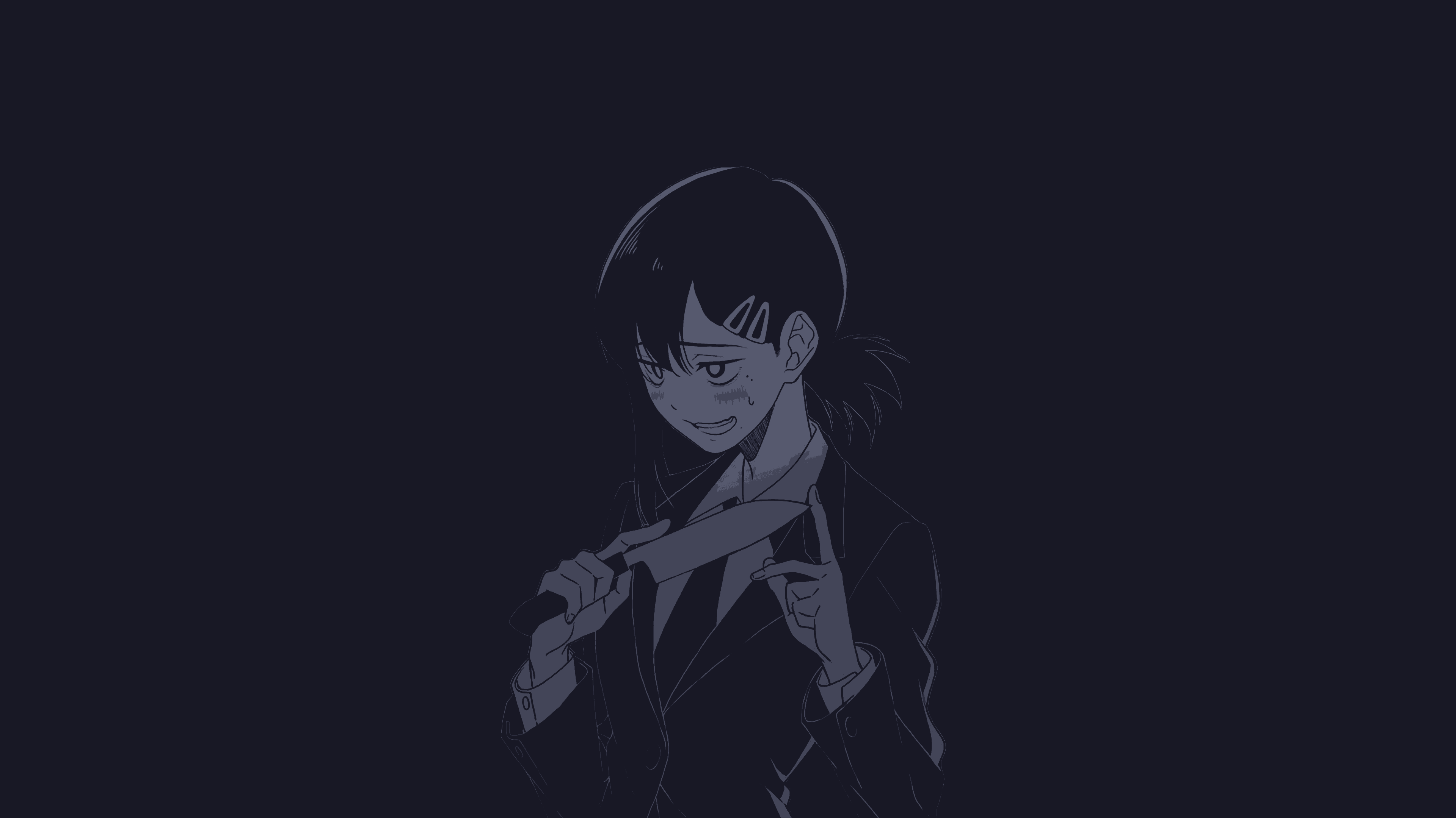 Anime 3840x2160 anime anime girls dark background knife Kobeni (Chainsaw Man) Chainsaw Man hair clip sweatdrop short hair suit and tie long sleeves parted lips blushing simple background suits weapon looking away
