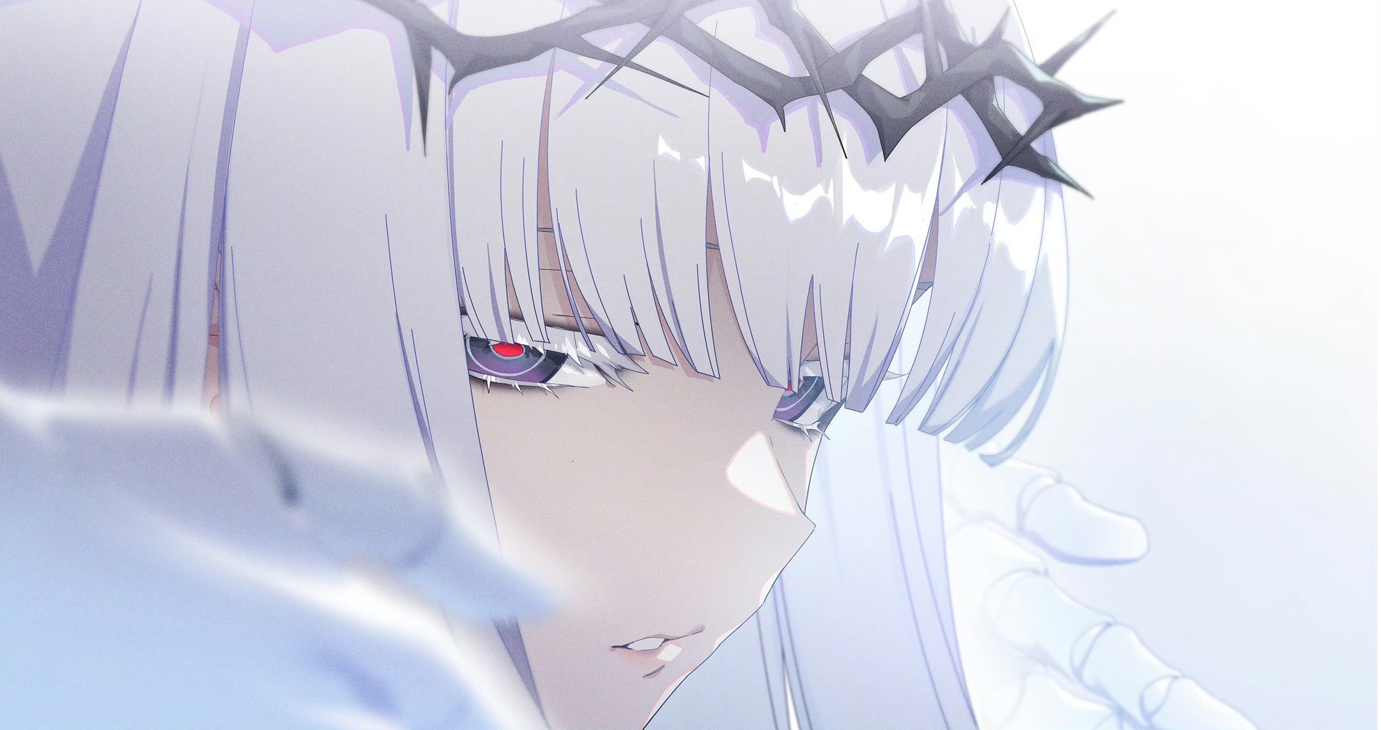 Anime 2838x1501 anime anime girls white hair closeup focused Controlline3 looking at viewer white simple background face white background bright blue eyes ringed eyes parted lips bangs