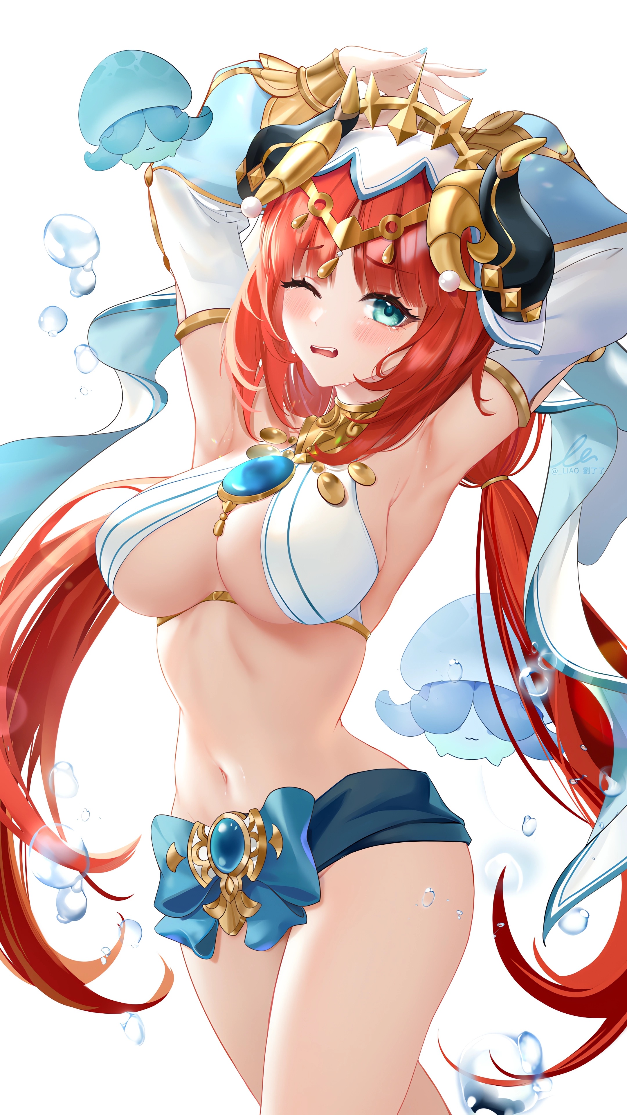Anime 2160x3840 anime anime girls Nilou (Genshin Impact) redhead cleavage big boobs long hair twintails Liu Liaoliao Genshin Impact blushing portrait display arms up armpits gemstones skinny looking at viewer one eye closed standing water drops bow tie gold-trimmed clothes circlet white background