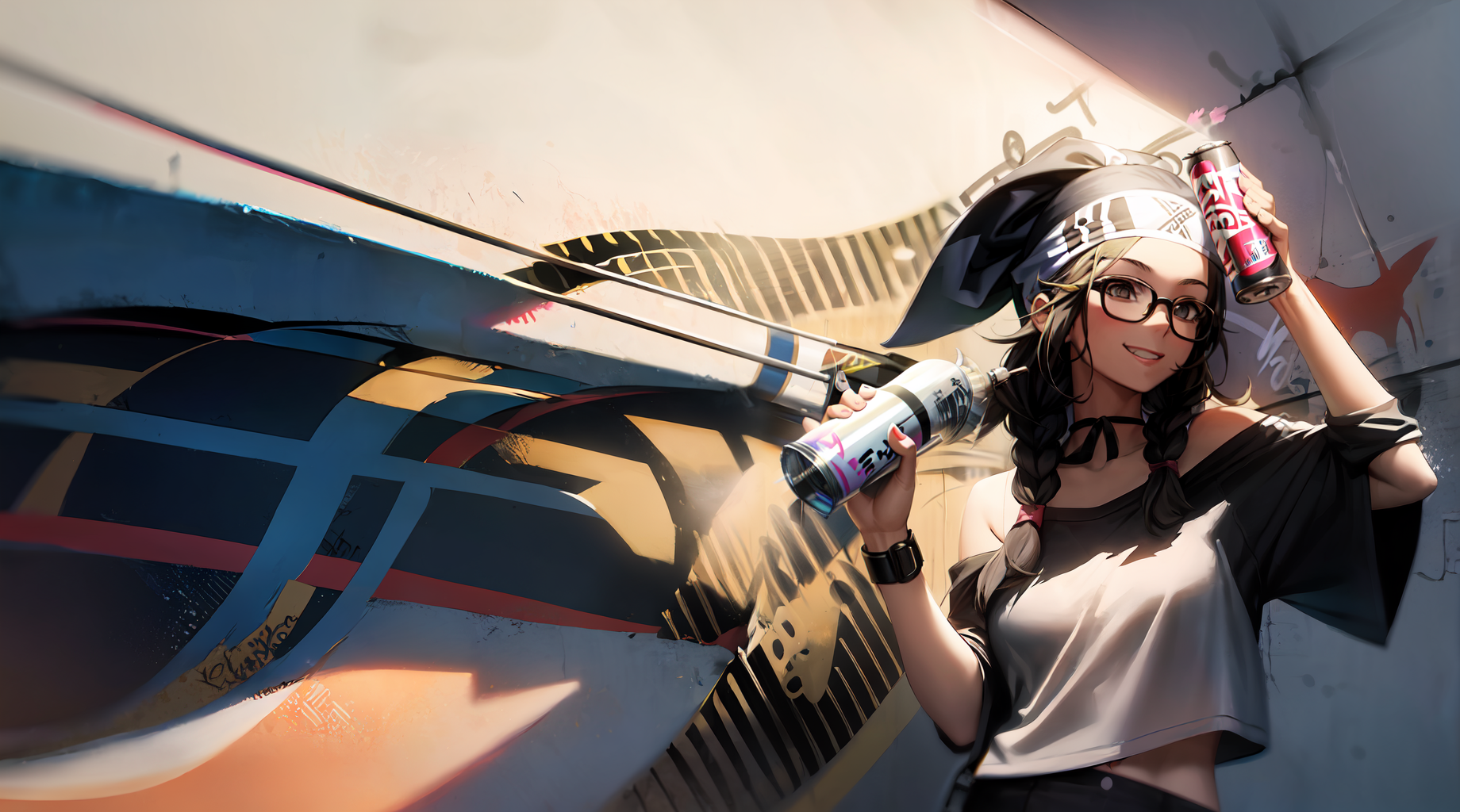 Anime 1840x1024 AI art graffiti anime anime girls smiling by the wall spray can looking at viewer braids glasses women with glasses bare shoulders collarbone bandeau top natural light