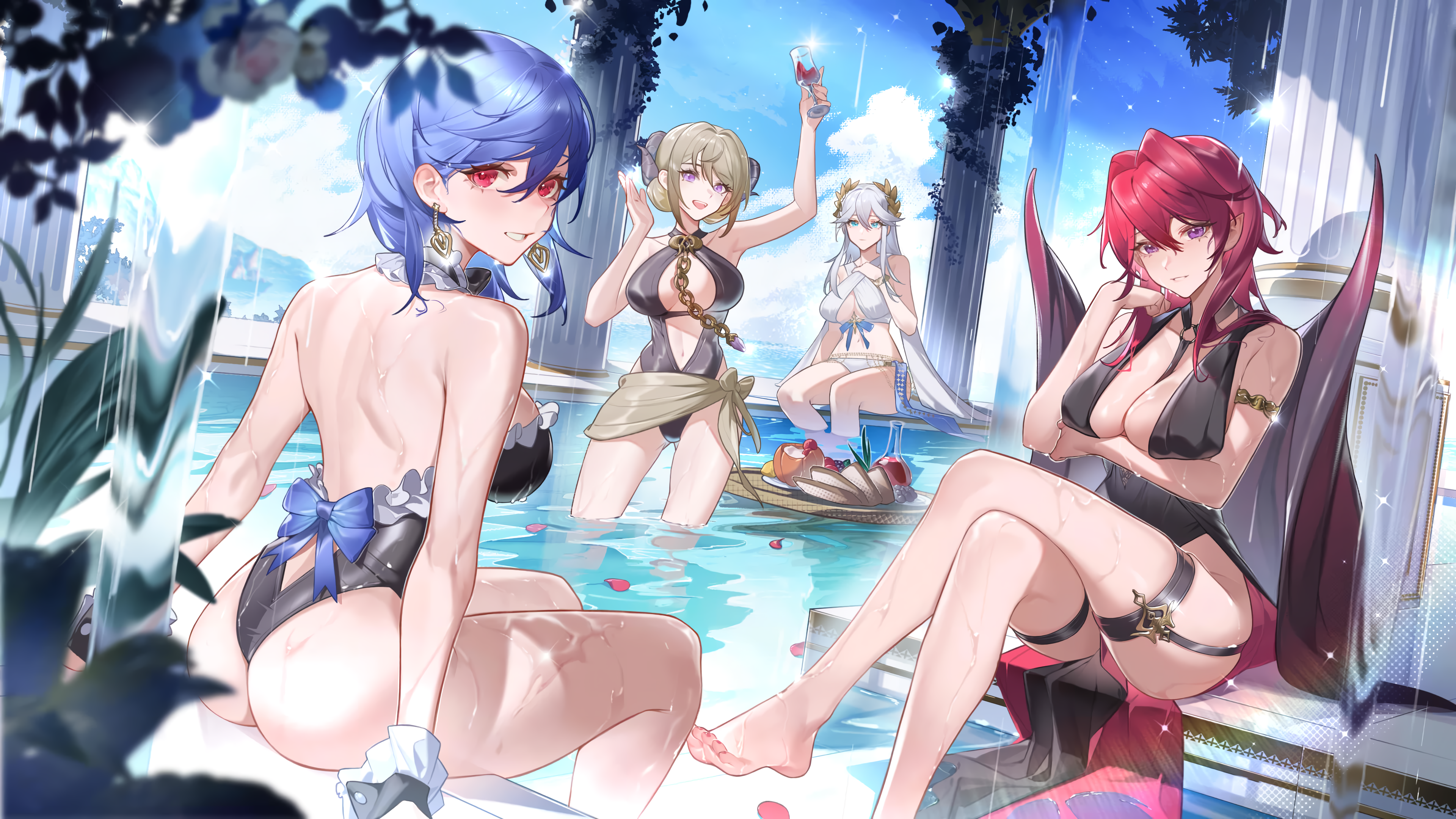 Anime 3840x2160 Xianyu Liang swimwear group of women sitting looking at viewer horns looking back long hair water standing in water big boobs legs crossed one-piece swimsuit ass women outdoors smiling barefoot bare shoulders waterfall sky food thighs wet clouds wet body swimming pool bikini feet column anime hair between eyes anime girls bent legs pillar earring legs thigh strap skindentation