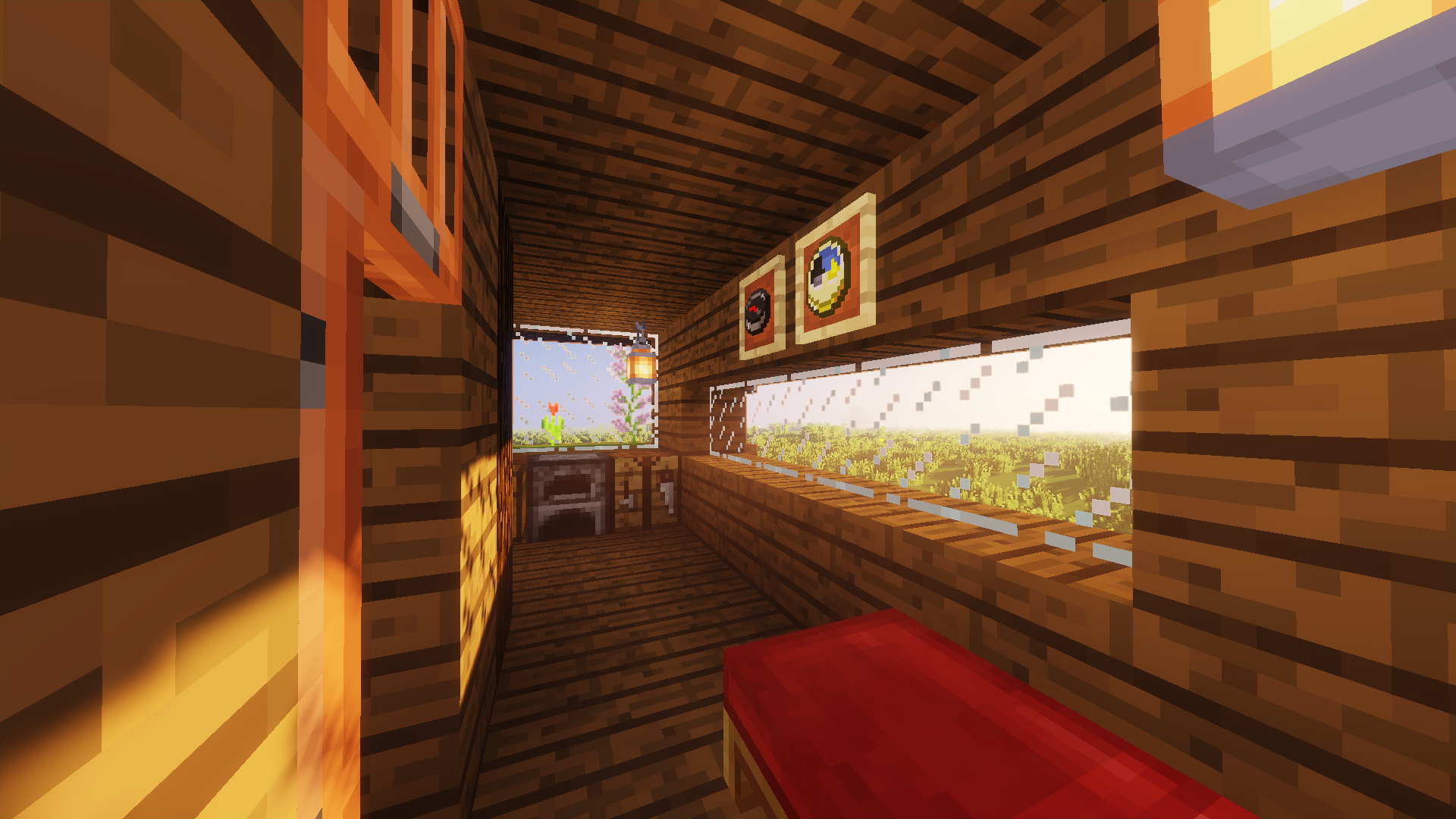 General 1920x1080 Minecraft shaders daylight calm video games Mojang video game art interior wood bed CGI window compass