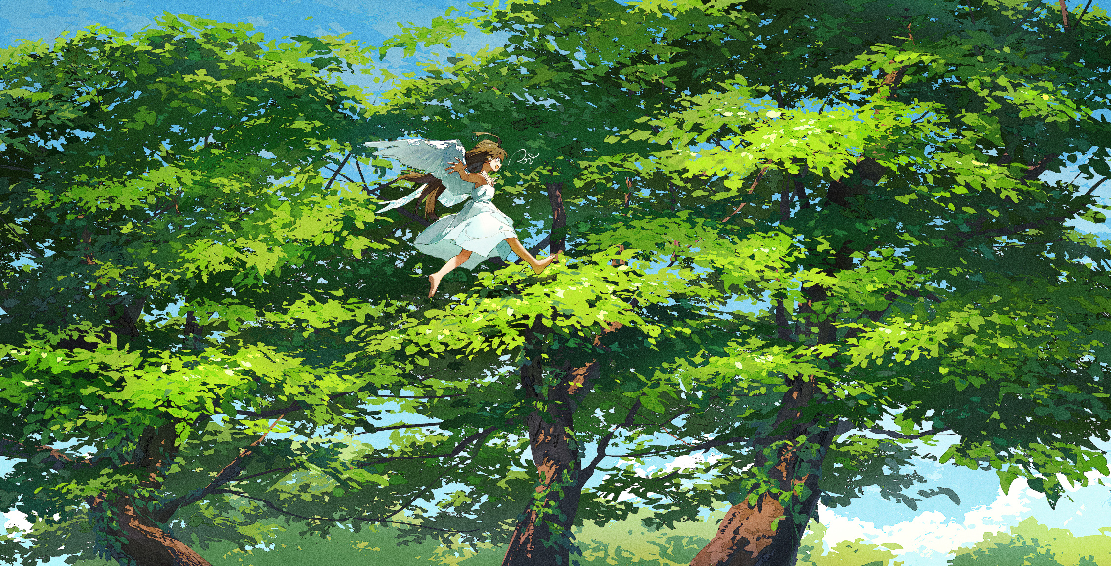 Anime 2272x1158 Potg Pixiv anime girls wings dress signature trees running feet long hair brunette clouds digital art