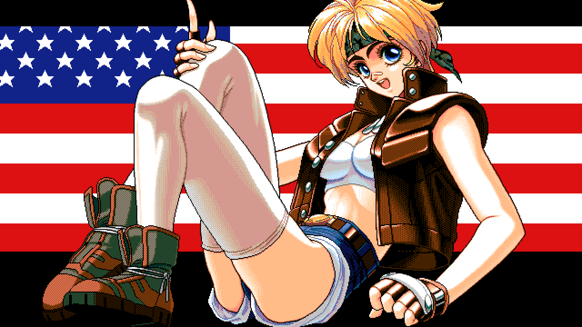 Anime 1920x1080 pixel art Game CG anime girls PC-98 digital art American flag gloves fingerless gloves band-aid flag headband stockings shorts boots looking at viewer jacket