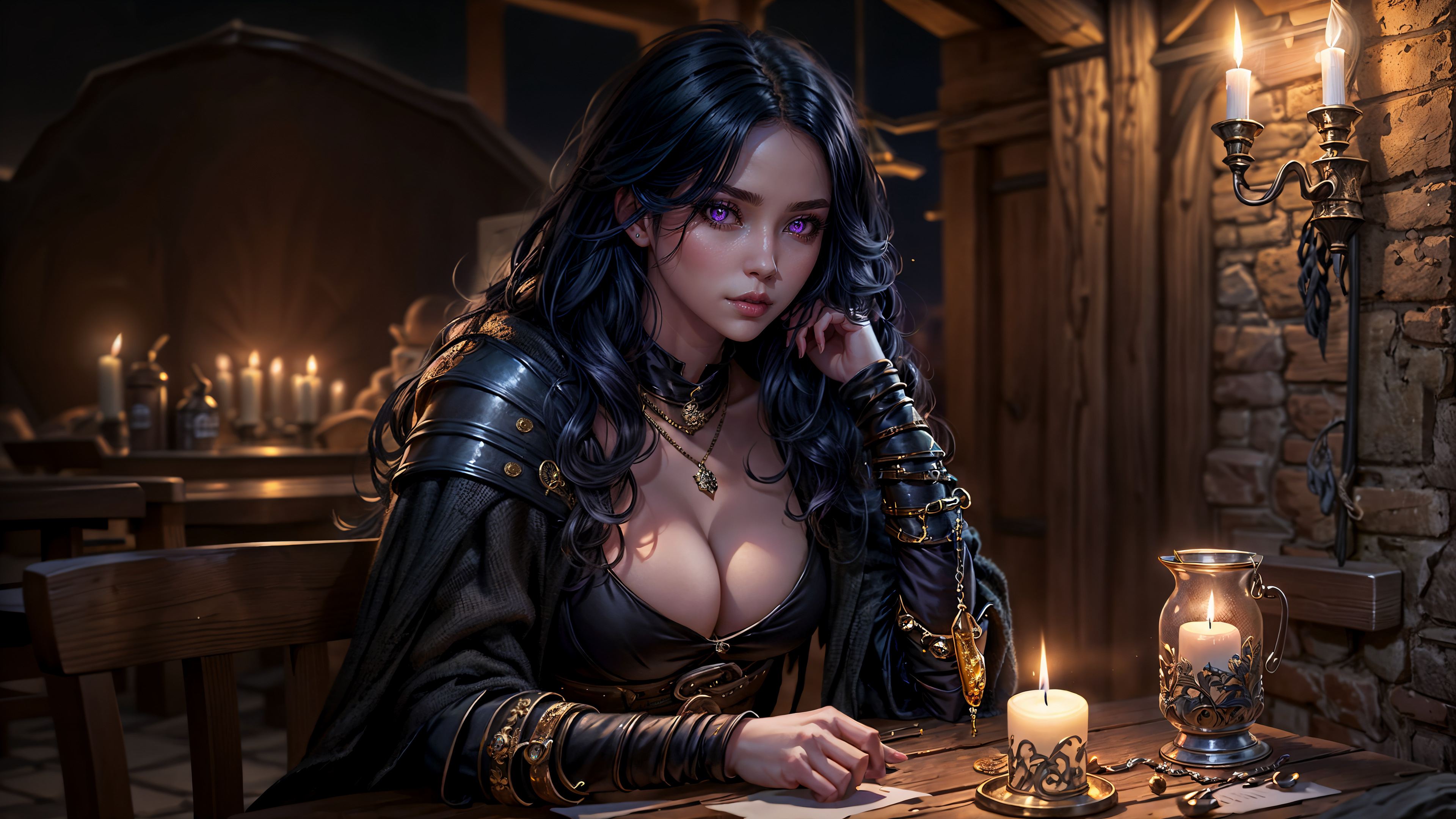 General 3840x2160 AI art night women black hair brunette candles dark fantasy jewelry Mages magic portrait purple eyes sorceress tavern warm light Stable Diffusion photopea 4K DeviantArt Asian cleavage big boobs necklace looking at viewer long hair sitting