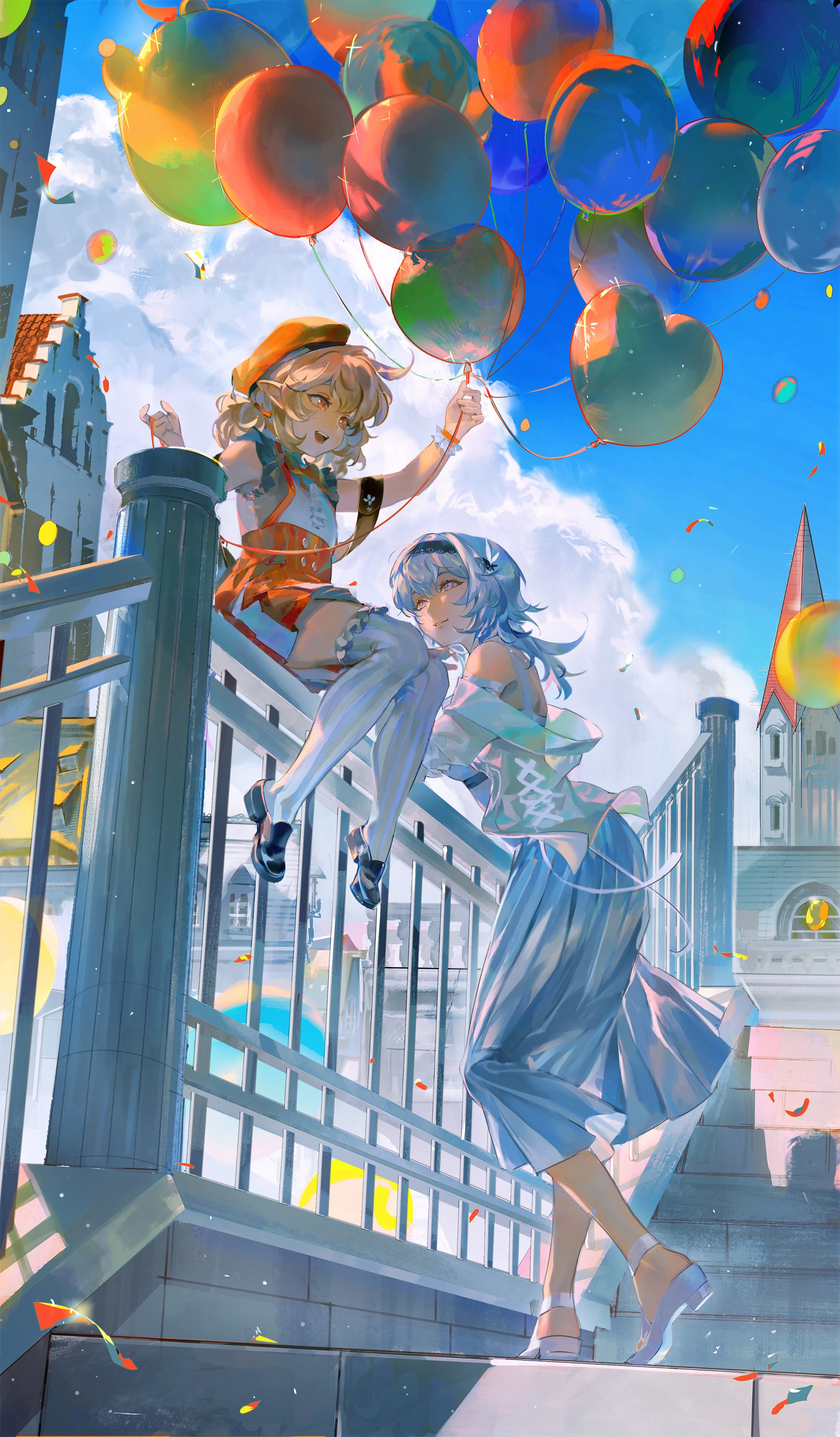 Anime 2396x4096 Genshin Impact balloon Eula (Genshin Impact) sky portrait display anime girls Klee (Genshin Impact) hat confetti white dress dress hair ornament outdoors pointy ears stairs railing sitting blue dress high heels low-angle clouds building stockings drinkdrink thigh-highs city light blue hair long hair blonde twintails hairband