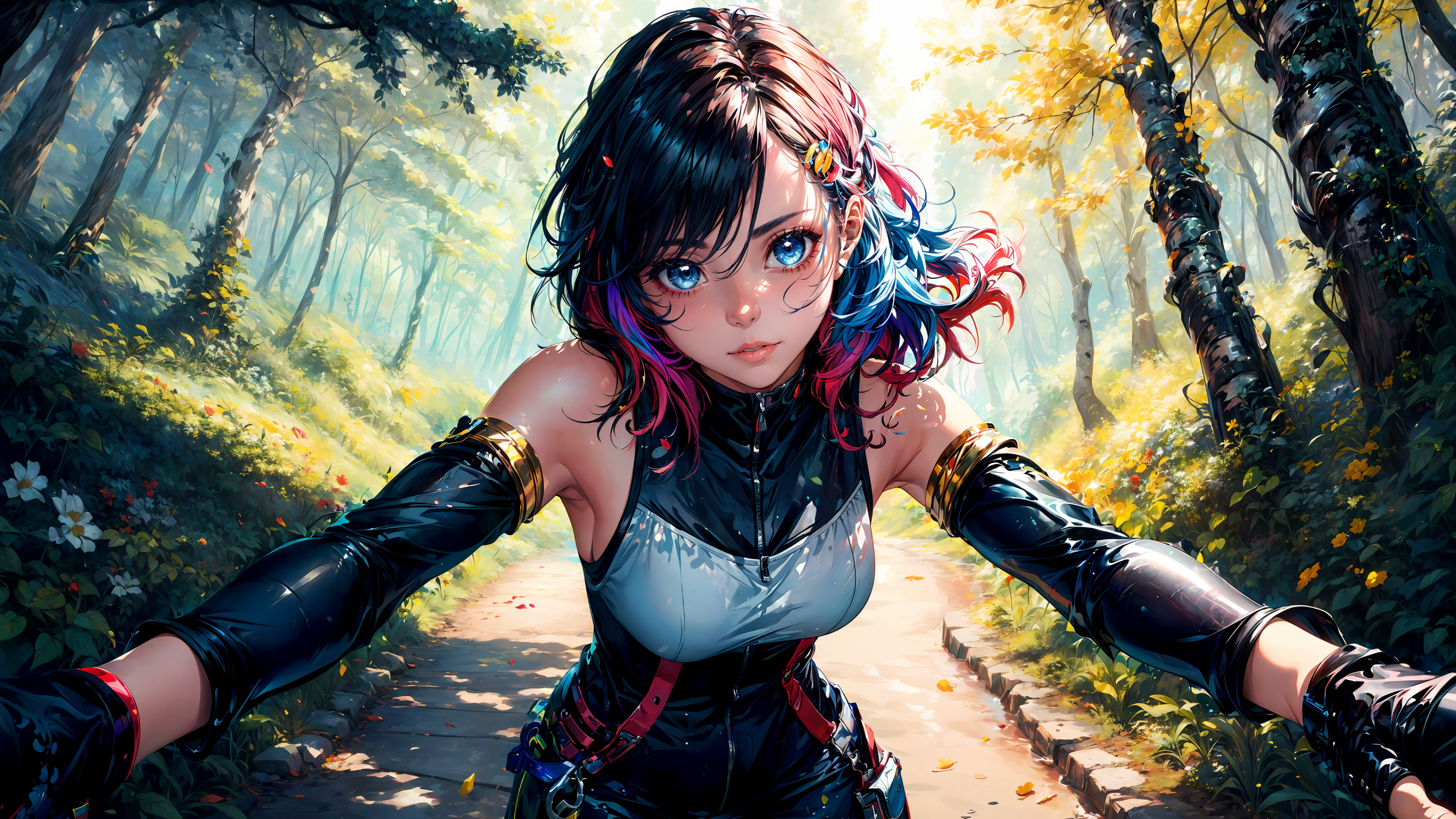 Anime 3840x2160 AI art anime nature path dyed hair artwork blue eyes colorful women gloves leaves trees forest digital art looking at viewer 4K Stable Diffusion photopea DeviantArt anime girls multi-colored hair flowers
