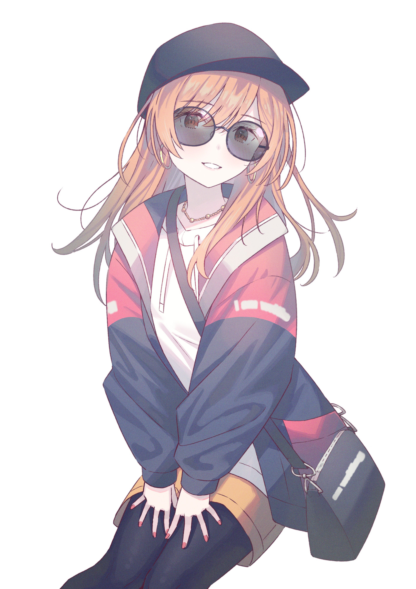 Anime 1414x2000 anime anime girls digital art artwork Pixiv portrait portrait display looking at viewer 2D hat sunglasses purse long hair earring hoop earrings necklace white background simple background minimalism