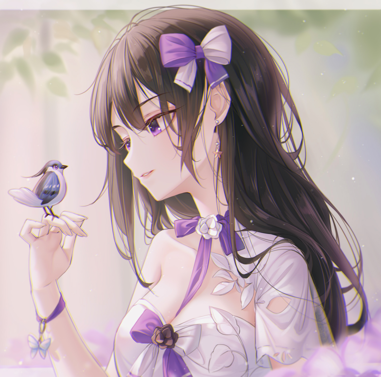 Anime 1500x1483 anime anime girls birds long hair hair bows purple eyes bow tie animals petals earring