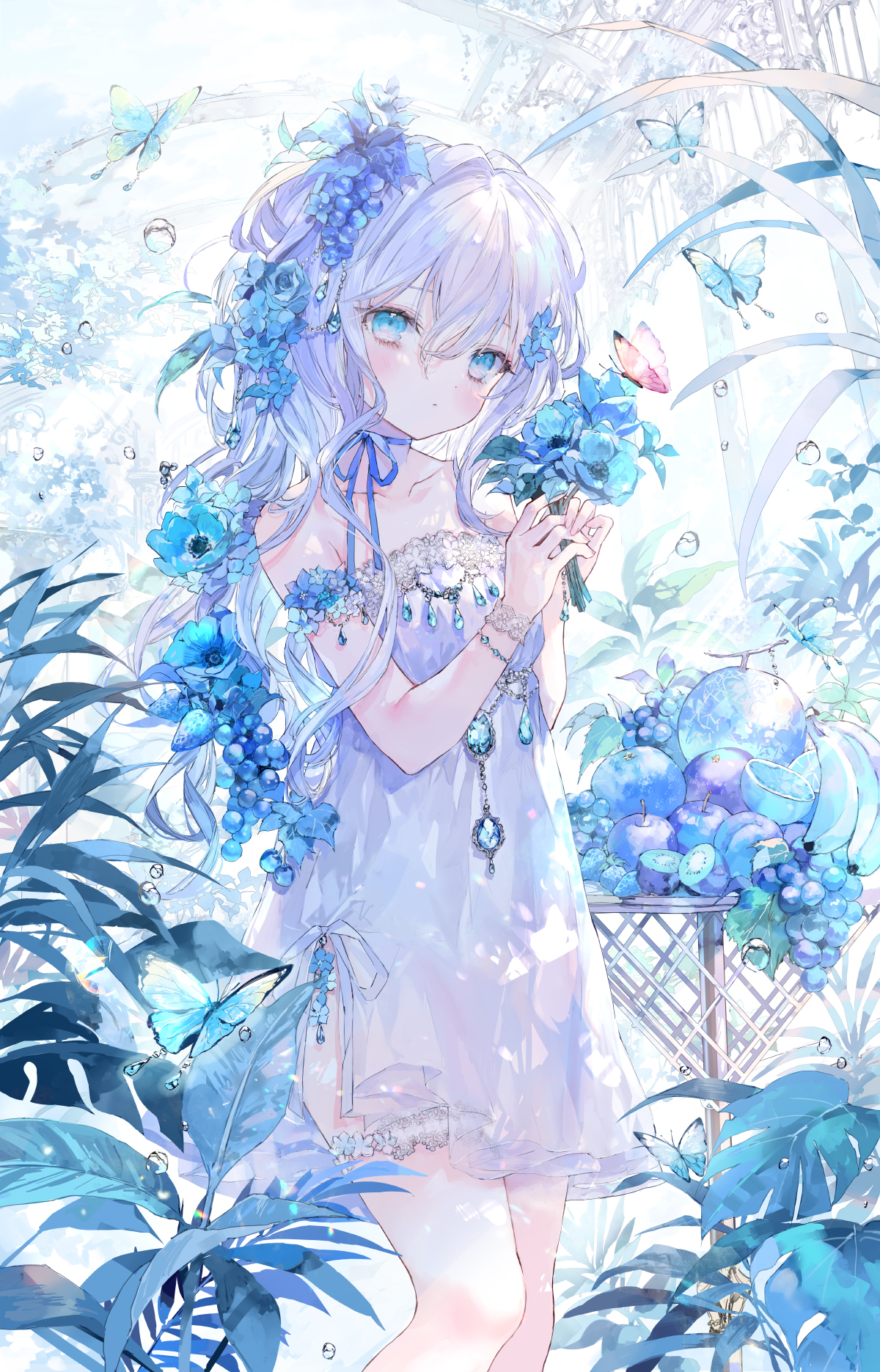 Anime 1200x1871 anime girls portrait display white dress closed mouth animals looking at viewer butterfly bare shoulders dress fruit bubbles blue ribbons plants blue eyes blue butterflies water drops hair ornament flower in hair sunlight gems grapes leaves Onineko apples bouquet melons