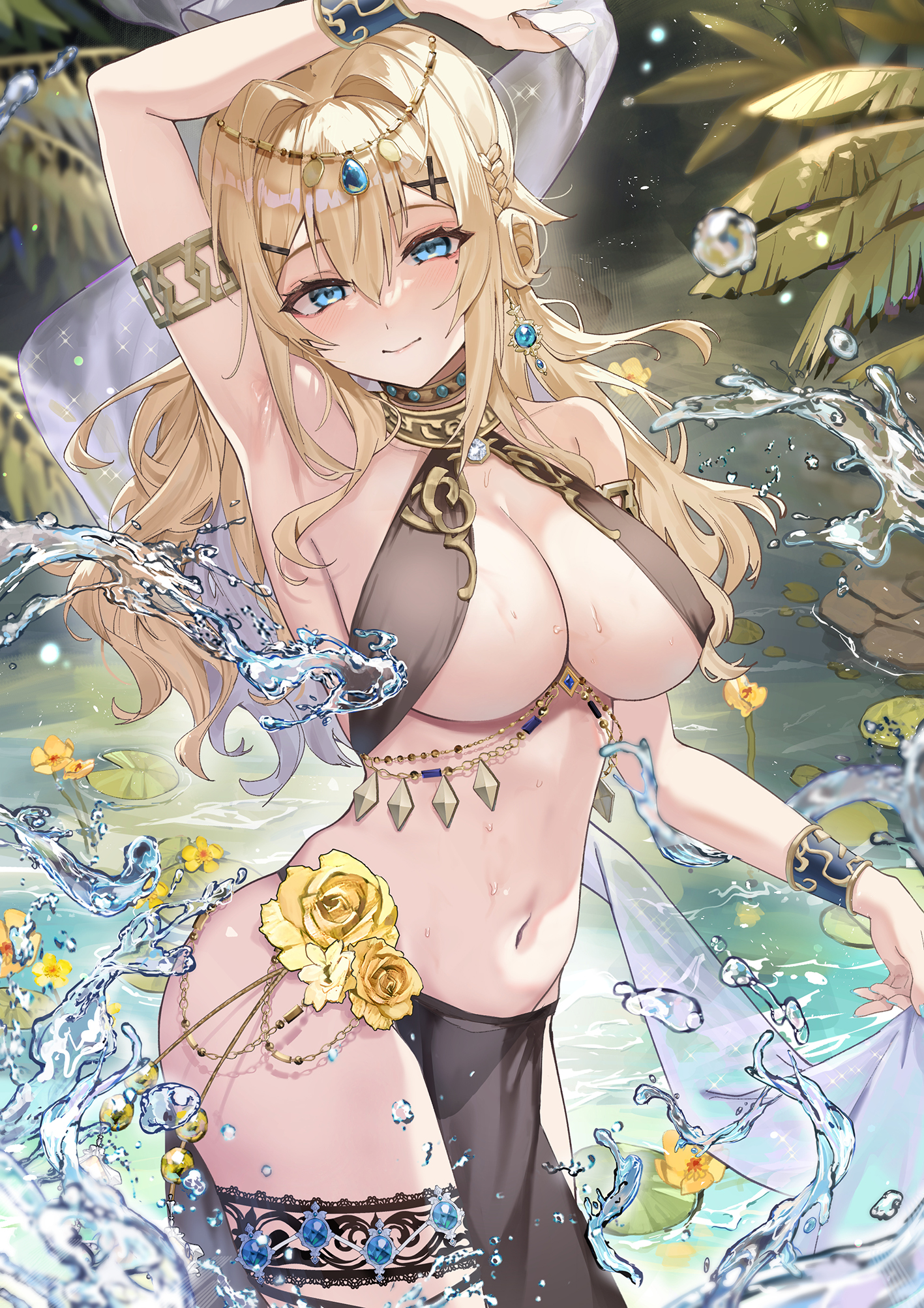 Anime 1417x2005 Fang Qiao anime girls portrait display water On'na Eshi (Fang Qiao) blonde looking at viewer long hair water drops big boobs flowers partially clothed rose armpits one arm up plants aqua eyes blue eyes jewelry belly standing in water belly button wet body wet mole under eye moles smiling yellow flowers leaves armlet braids see-through clothing blushing choker
