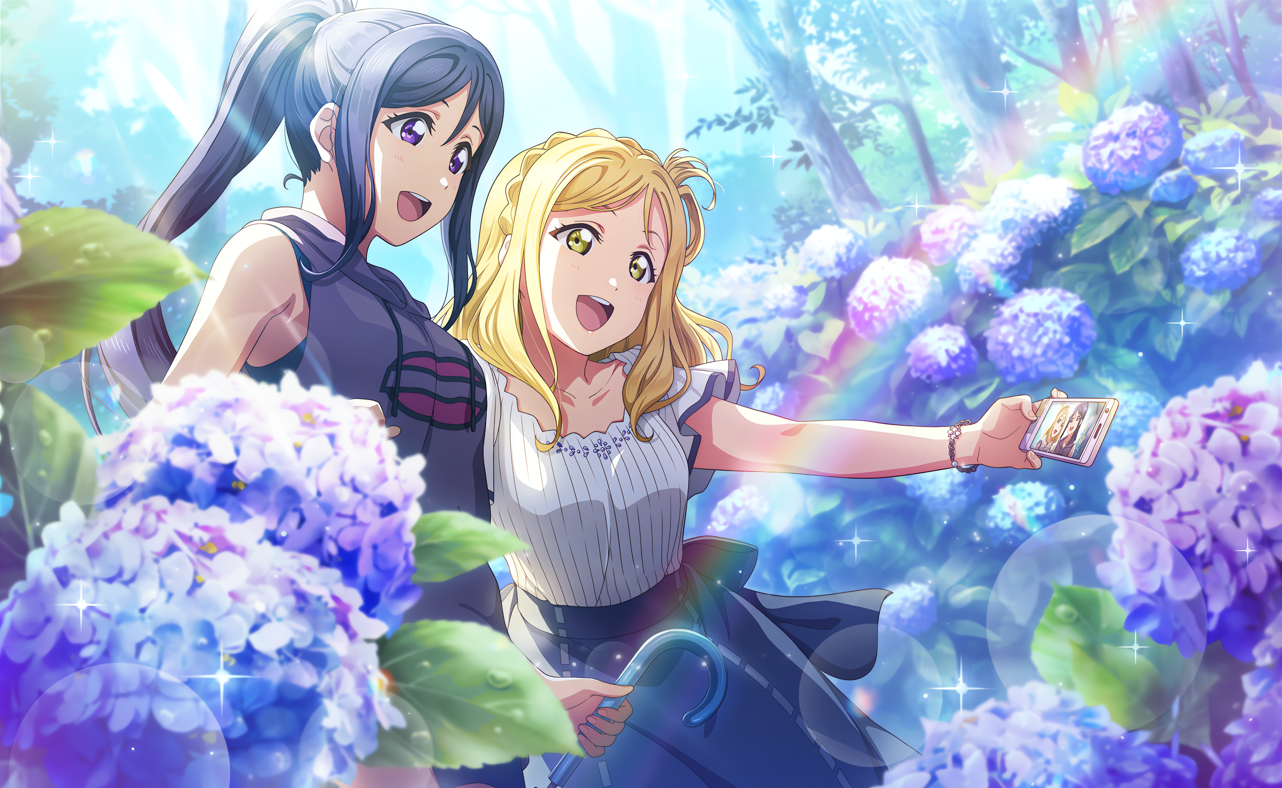 Anime 4096x2520 Ohara Mari Love Live! Love Live! Sunshine anime anime girls flowers rainbows long hair ponytail trees sunlight phone selfies stars