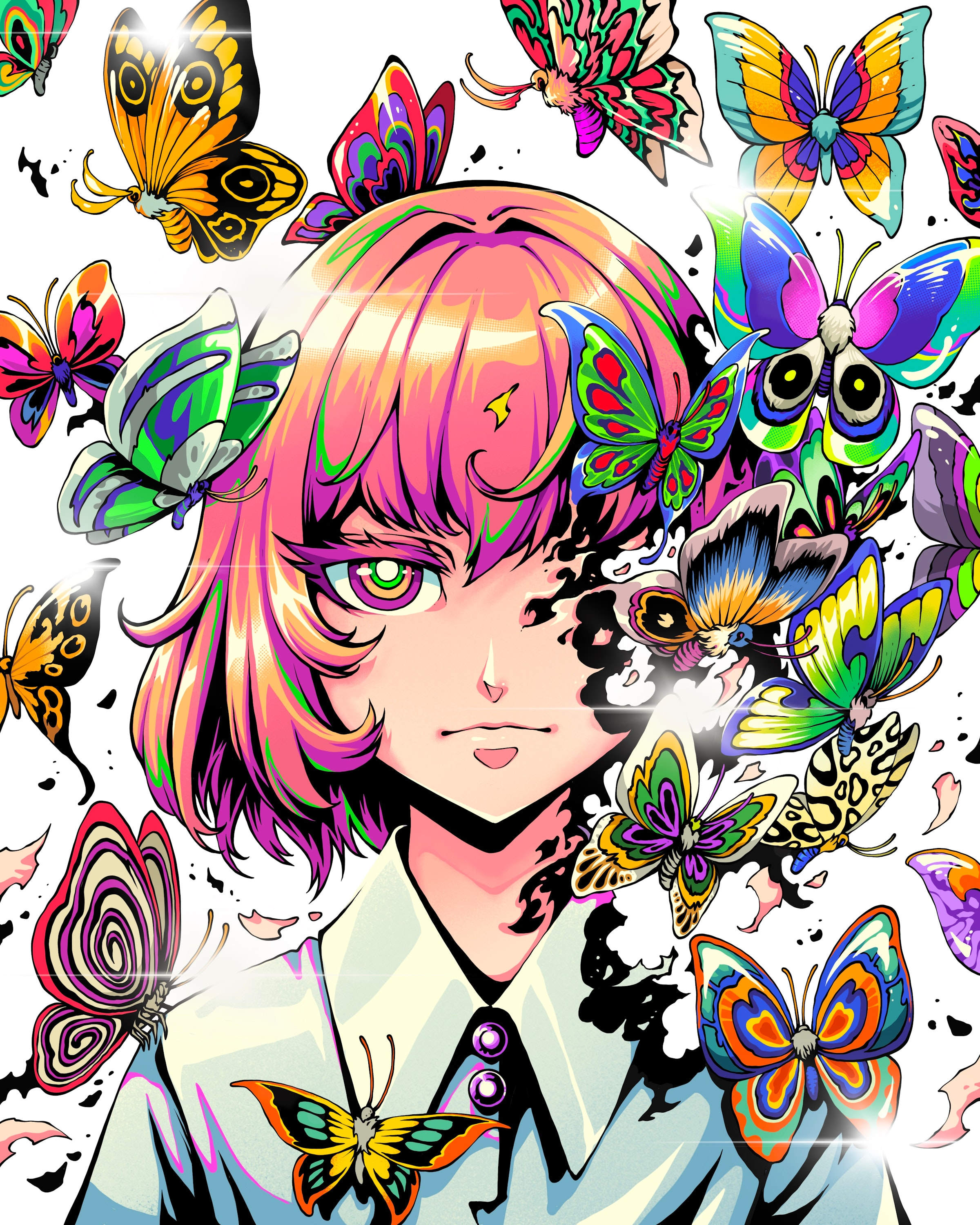 Anime 2400x3000 Benangbaja digital art artwork illustration women short hair butterfly portrait simple background pink hair looking at viewer anime girls insect white background