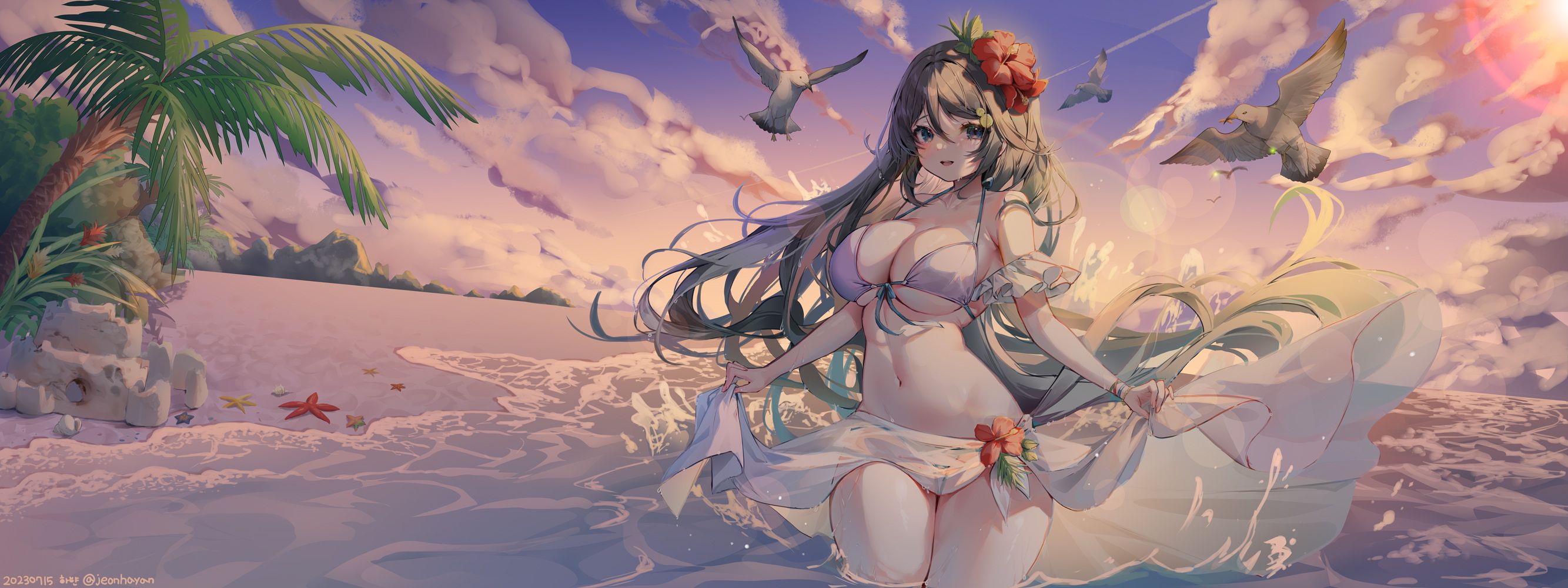Anime 2667x1000 anime girls swimwear beach standing in water palm trees white bikini black hair blue eyes hibiscus flower in hair looking at viewer water animals sand castle seagulls hair ornament water drops big boobs lifting clothes outdoors open mouth long hair sunset sunset glow Shiro Albino sarong starfish sand sculpture smiling women outdoors blushing red flowers cleavage seashells horizon string bikini clouds birds wet leaves sunlight sky