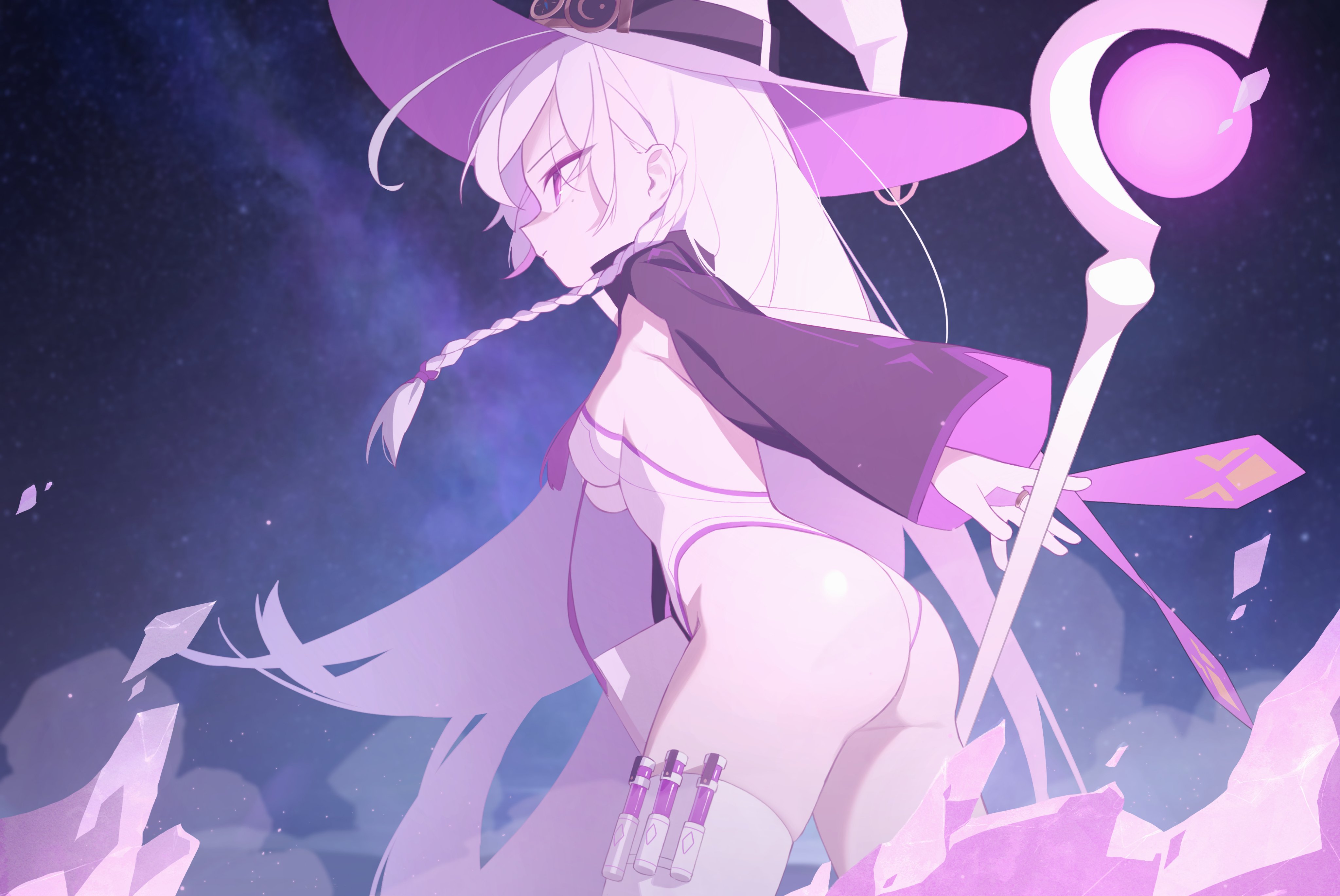 Anime 4096x2740 anime girls magician staff ass leotard pink leotard small boobs stockings looking away long hair witch witch hat minimalism simple background braids loli