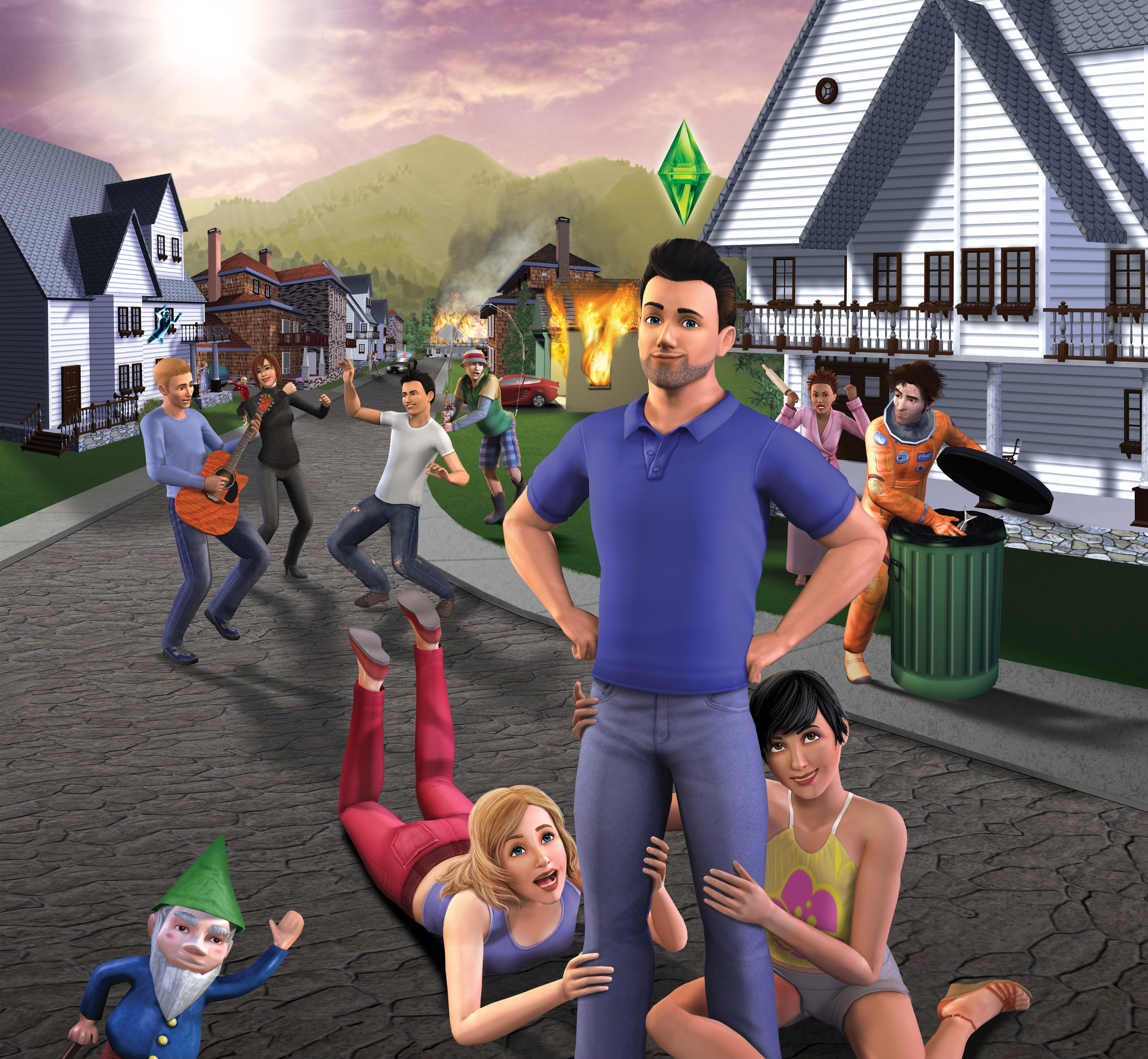 General 3840x3544 The Sims 3 Electronic Arts street video game art looking at viewer standing video games beard house building clouds mountains trash bin gnomes