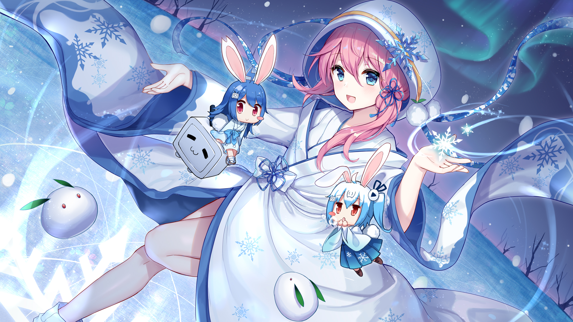 Anime 1920x1080 anime anime girls kimono snowflakes 22(bilibili) 33(bilibili) bilibili looking at viewer aurorae bunny ears bunny girl bunny tail