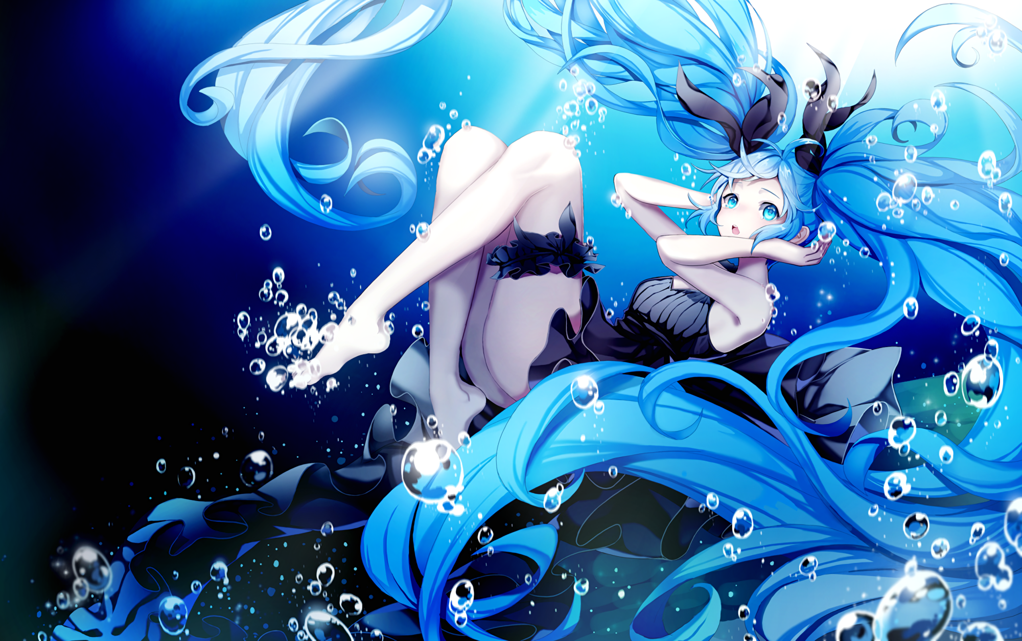 Anime 2000x1254 Hatsune Miku anime Vocaloid anime girls blue hair blue eyes water underwater bubbles feet long hair twintails looking at viewer sunlight dress