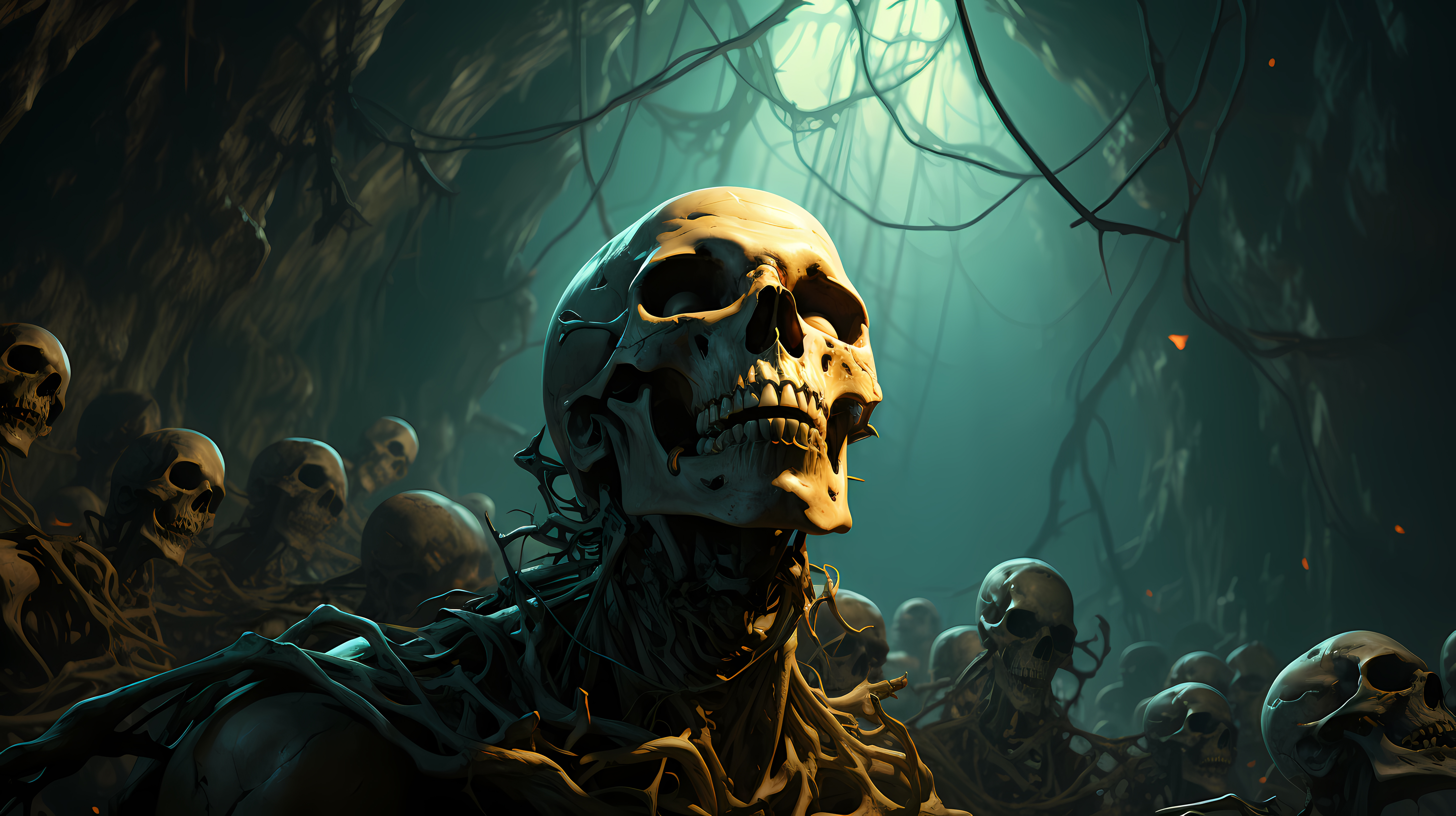 General 5824x3264 undead skeleton cave AI art teeth digital art