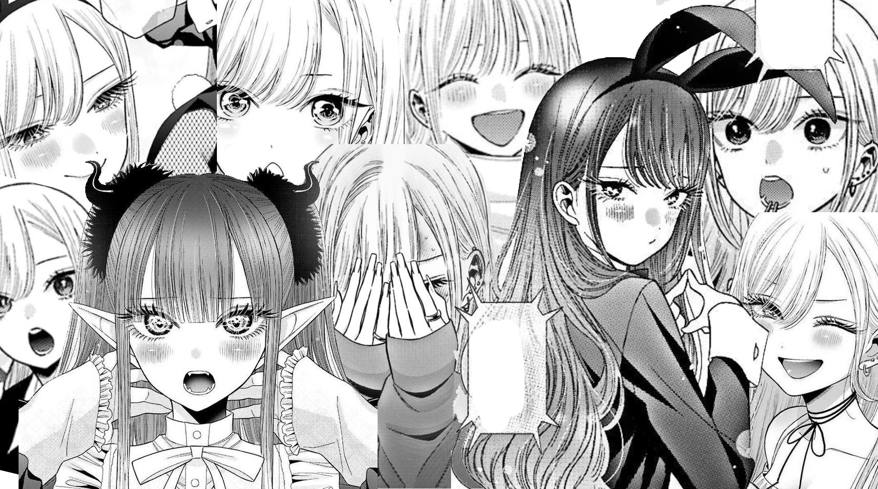 Anime 1793x1000 anime girls manga pointy ears blushing smiling looking at viewer covering face long hair one eye closed wink montage cosplay Sono Bisque Doll wa Koi wo Suru Kitagawa Marin