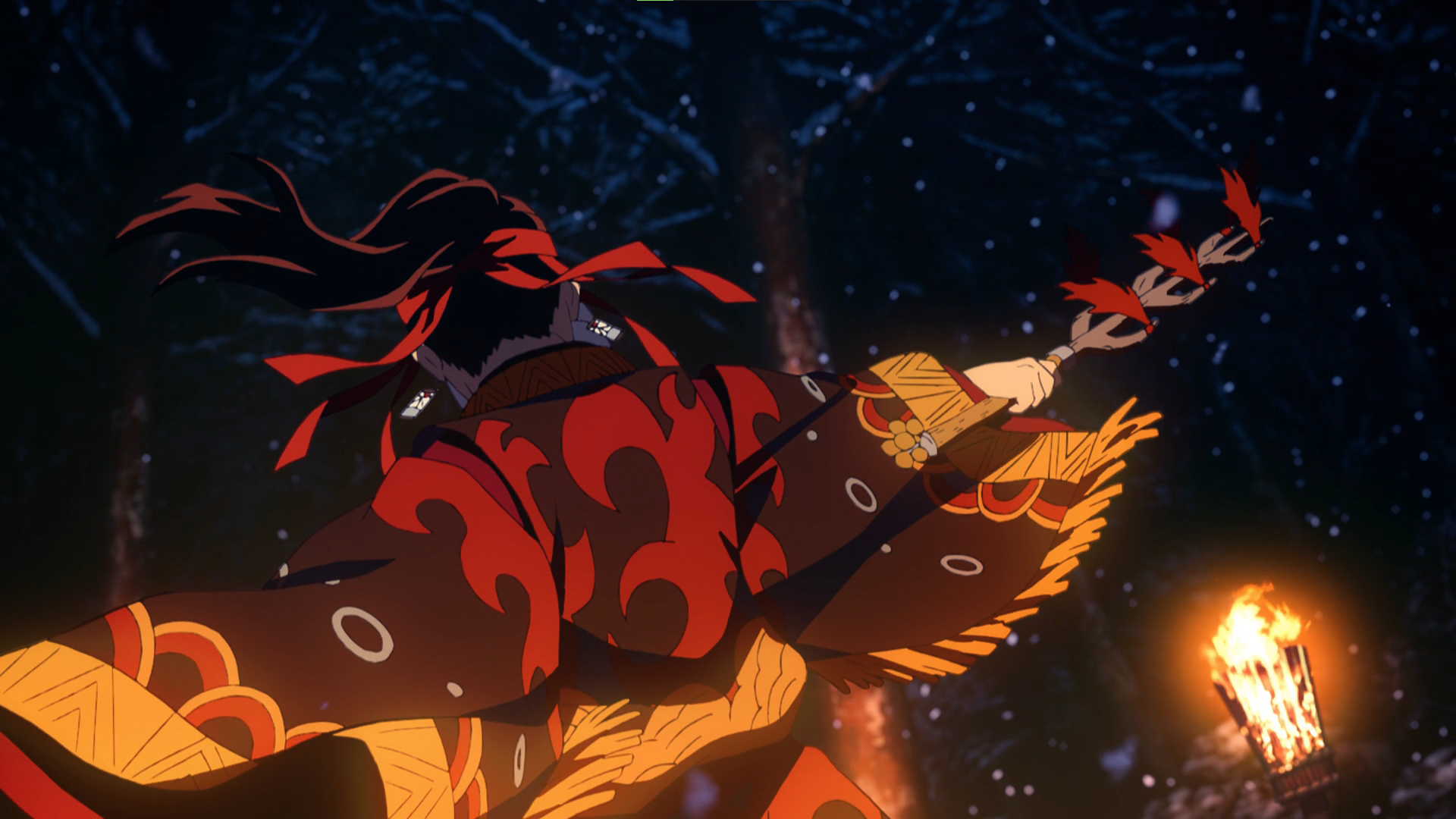 Anime 1920x1080 Kimetsu no Yaiba forest trees anime Anime screenshot anime boys Moon snow fire kimono earring