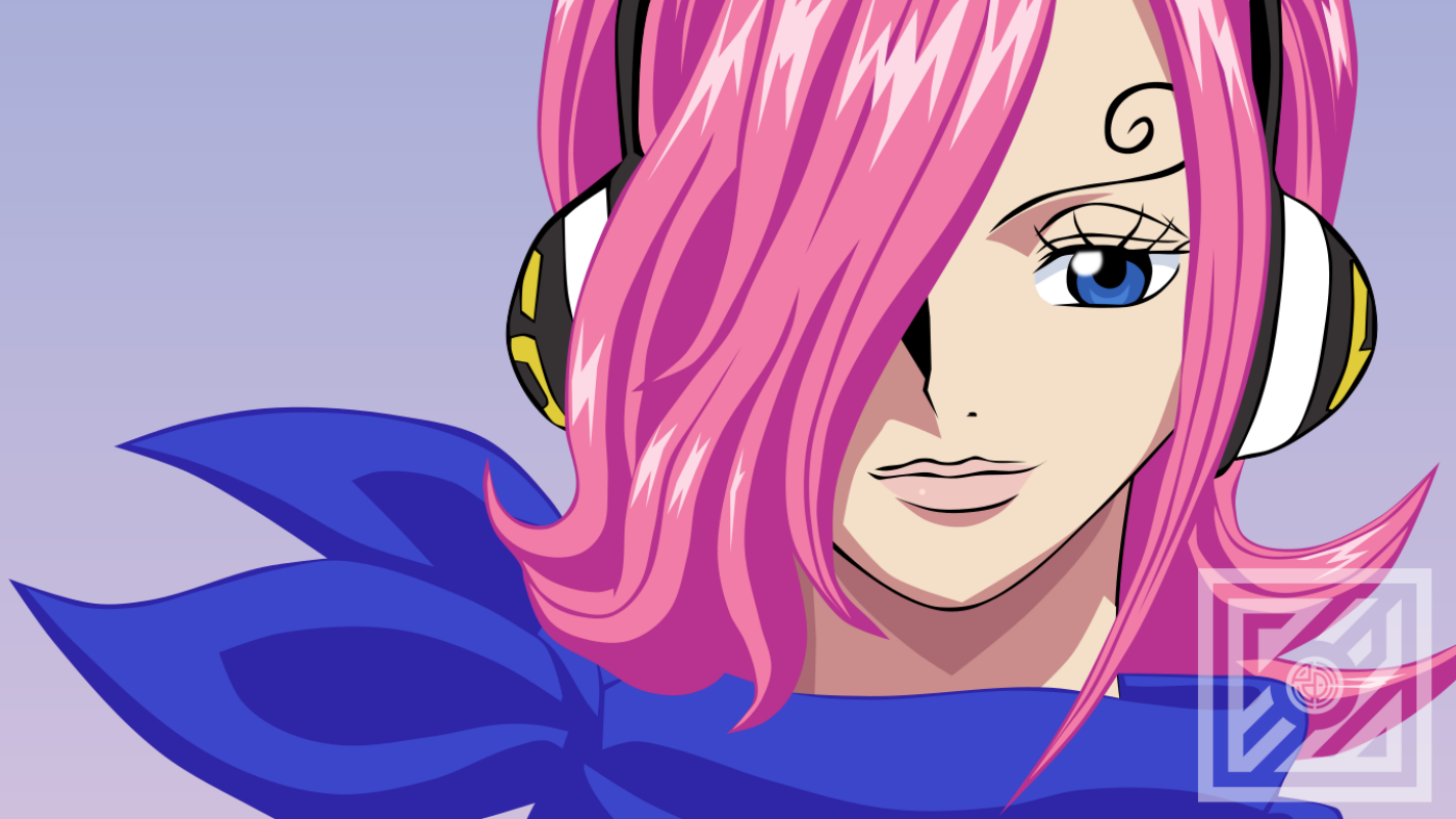 Anime 1422x800 Vinsmoke Reiju One Piece looking at viewer smiling hair over one eye scarf simple background minimalism anime girls pink hair logo