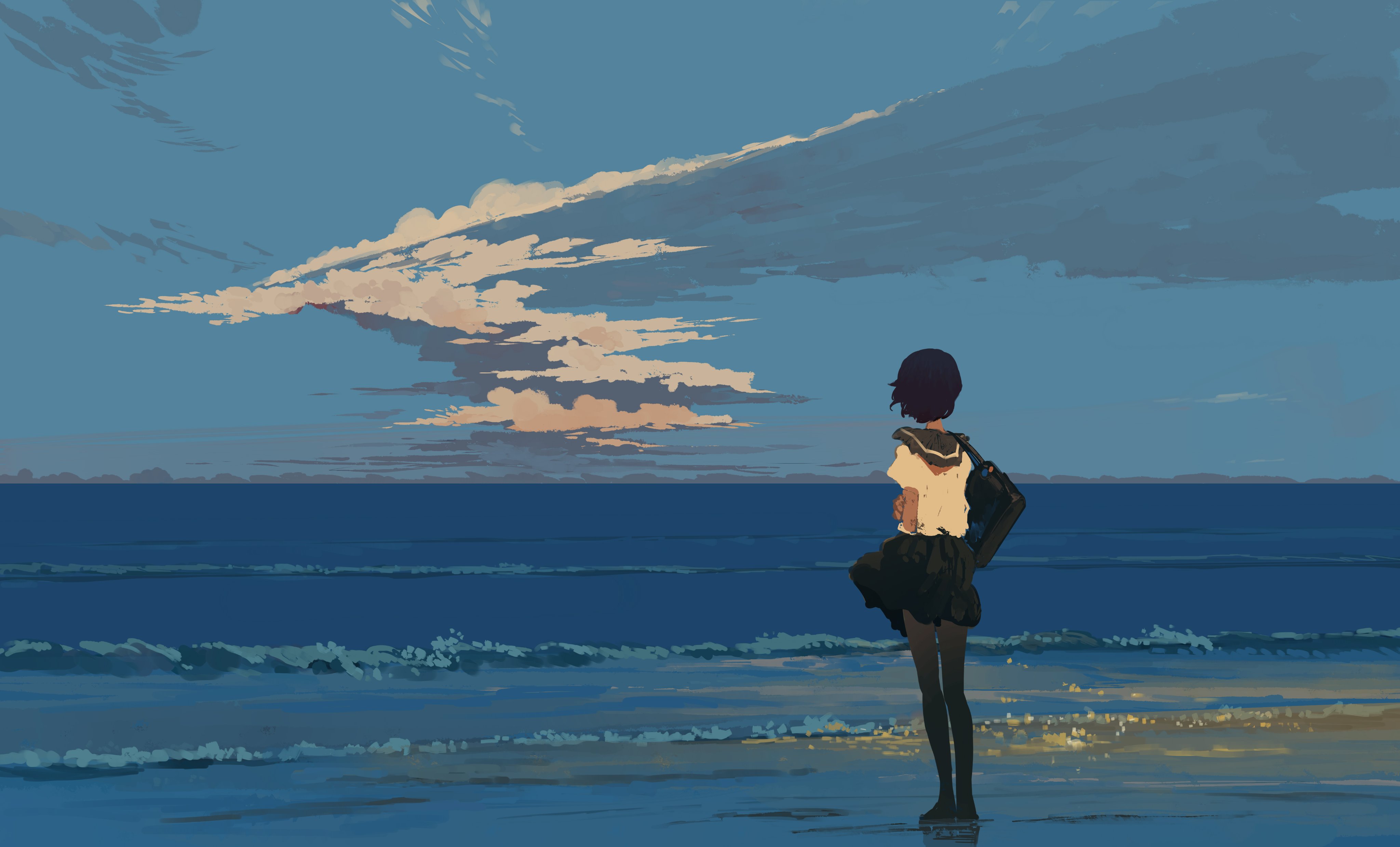 General 4096x2477 school uniform beach seashore sunset peaceful waves bangjoy schoolgirl standing water clouds sky digital art