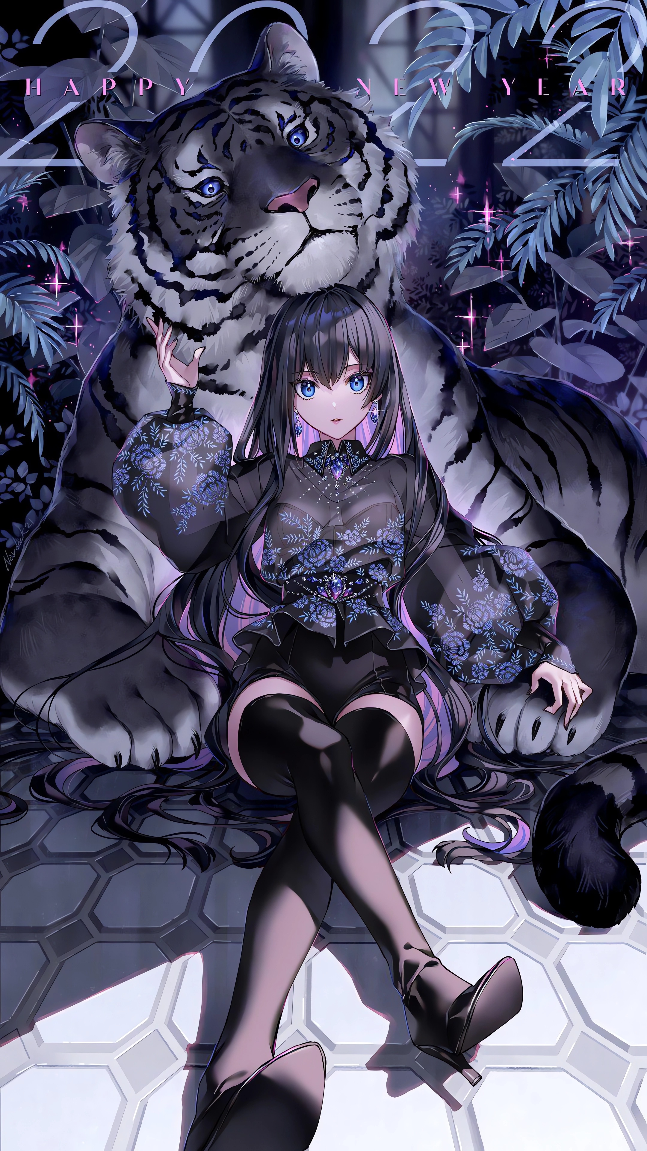 Anime 2160x3840 anime anime girls portrait display animals looking at viewer long hair stockings legs crossed 2022 (year) stars leaves earring tiger