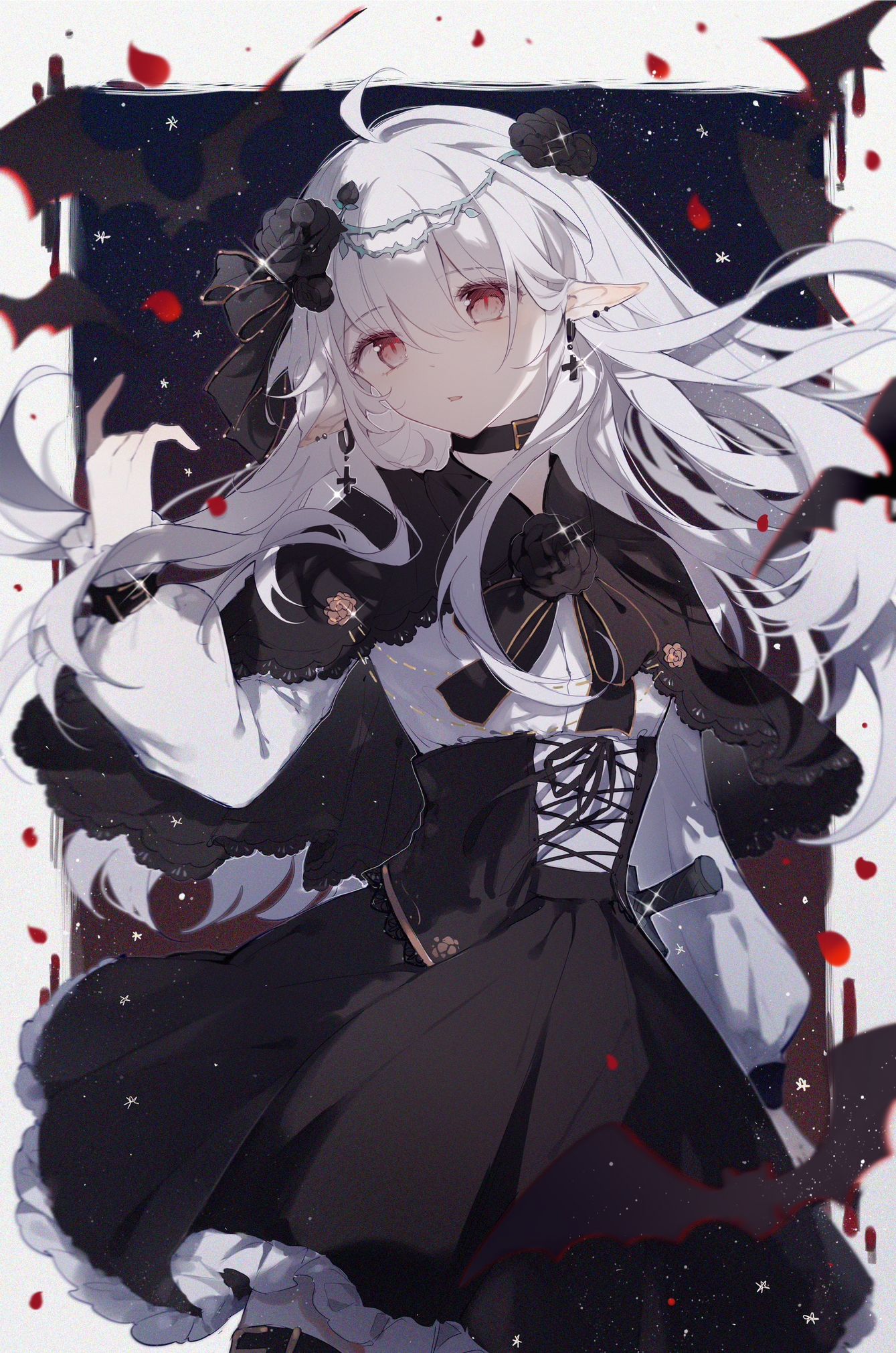 Anime 1339x2021 Pixiv anime anime girls dress portrait display bow tie long hair pointy ears looking at viewer bats white hair choker earring cross flower in hair petals