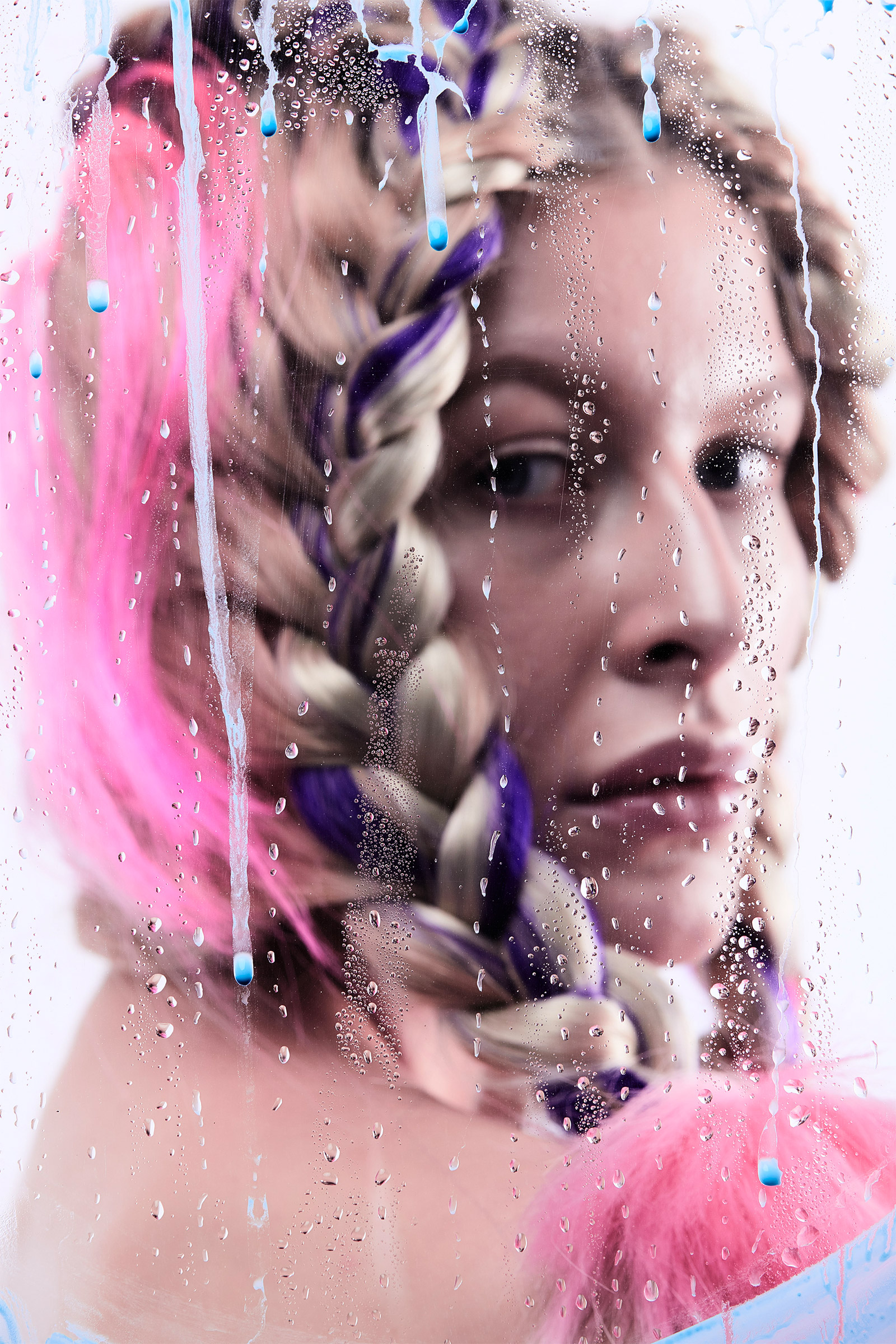 People 1600x2400 women model long hair portrait display braids blonde blurred glass water drops face depth of field pink water on glass