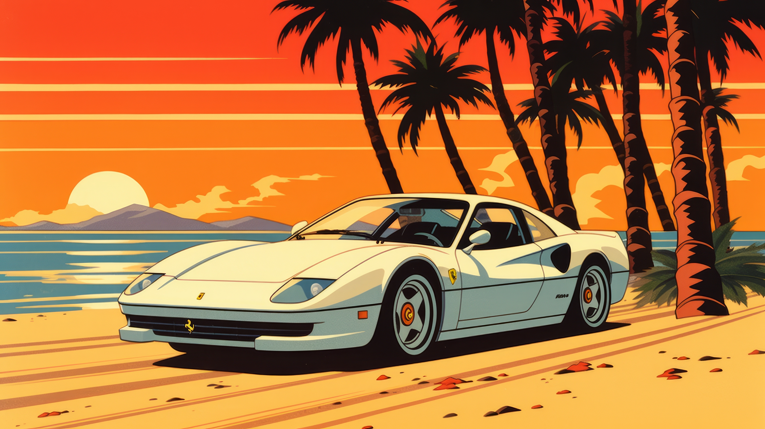 General 2912x1632 AI art sports car sunset palm trees 1980s postcard car frontal view water sunset glow mountains sand clouds sky digital art
