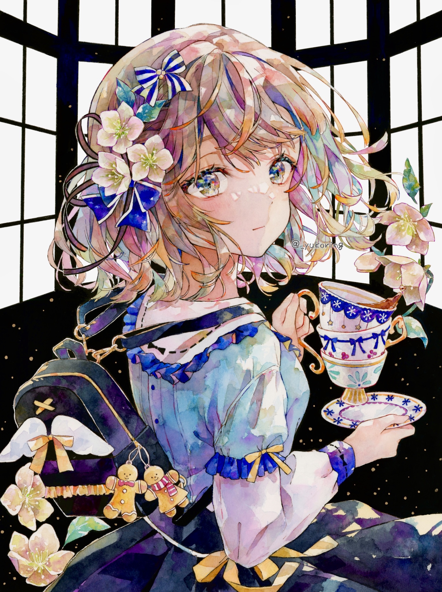 Anime 1531x2052 Pixiv anime anime girls portrait display flower in hair cup looking at viewer dress backpacks flowers multi-colored hair watermarked