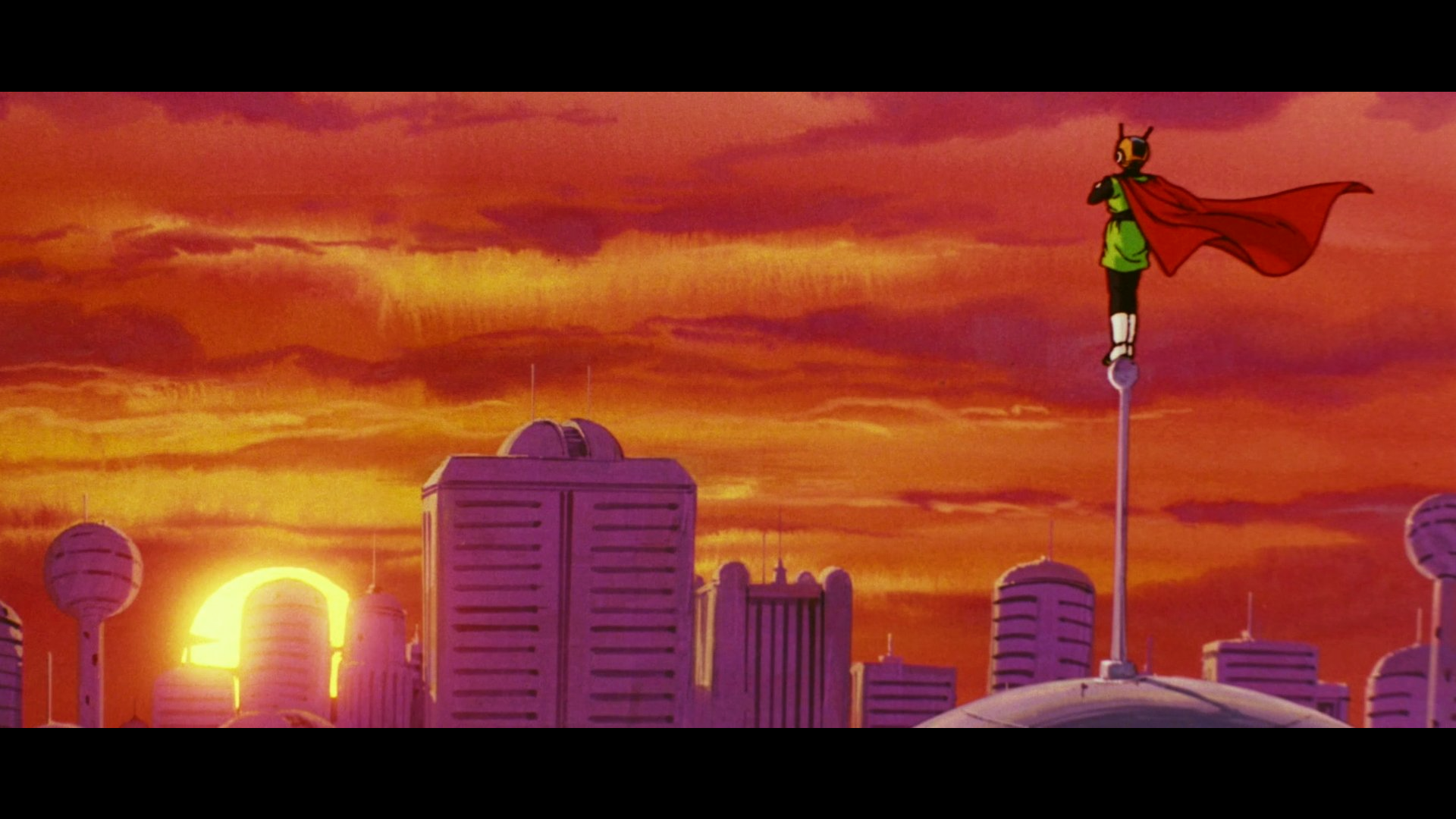 Anime 1920x1080 Dragon Ball Dragon Ball Z cape red cape Gohan Great Saiyaman skyscraper city skyline sunset Sun clouds boots white boots costumes helmet saiyan anime anime boys