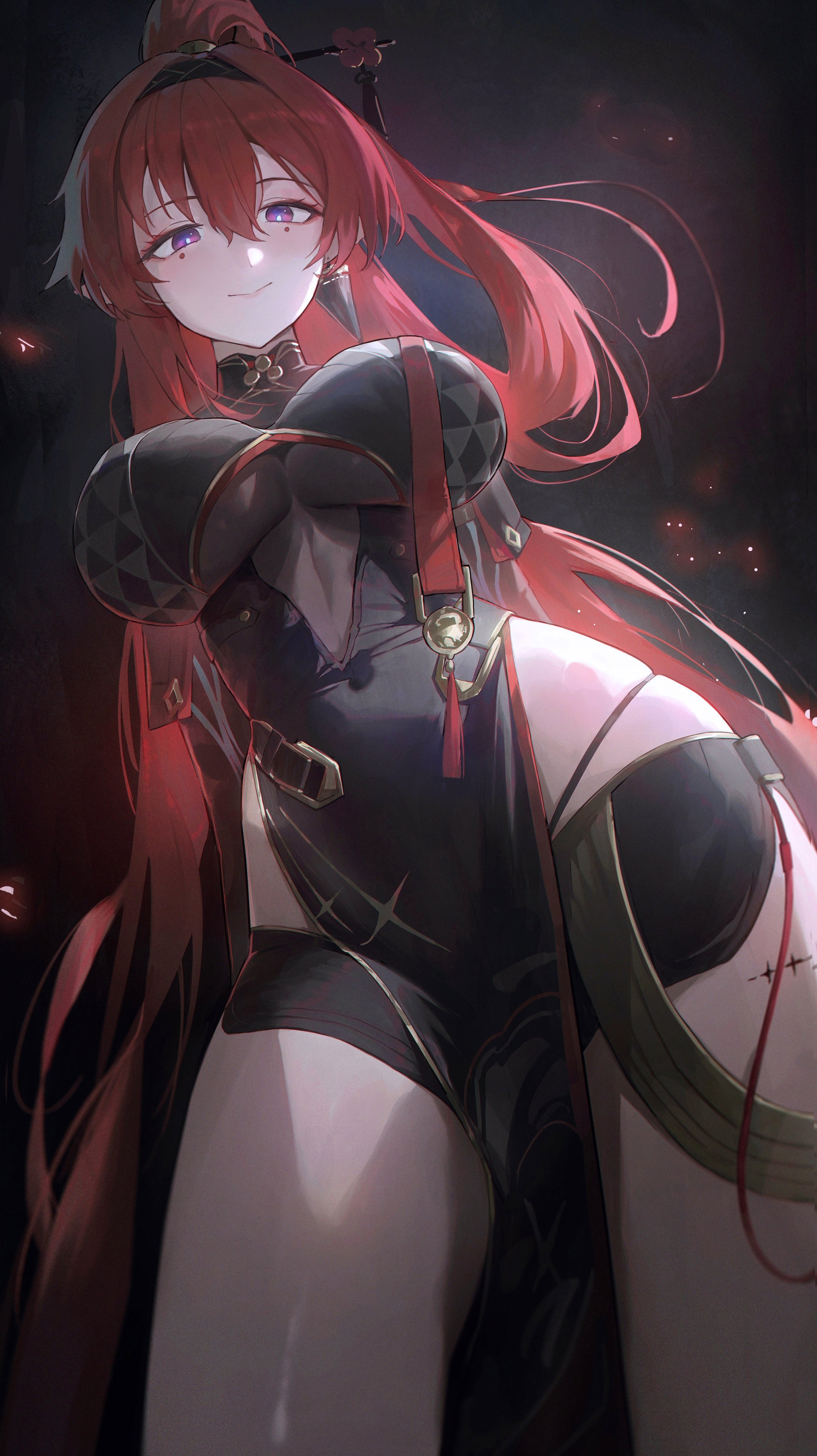 Anime 2300x4096 anime anime girls Yinlin (Wuthering Waves) Wuthering Waves ponytail redhead purple eyes pointy ears long hair yonesdraws low-angle looking at viewer thighs standing big boobs earring portrait display moles mole under eye wide hips hairband