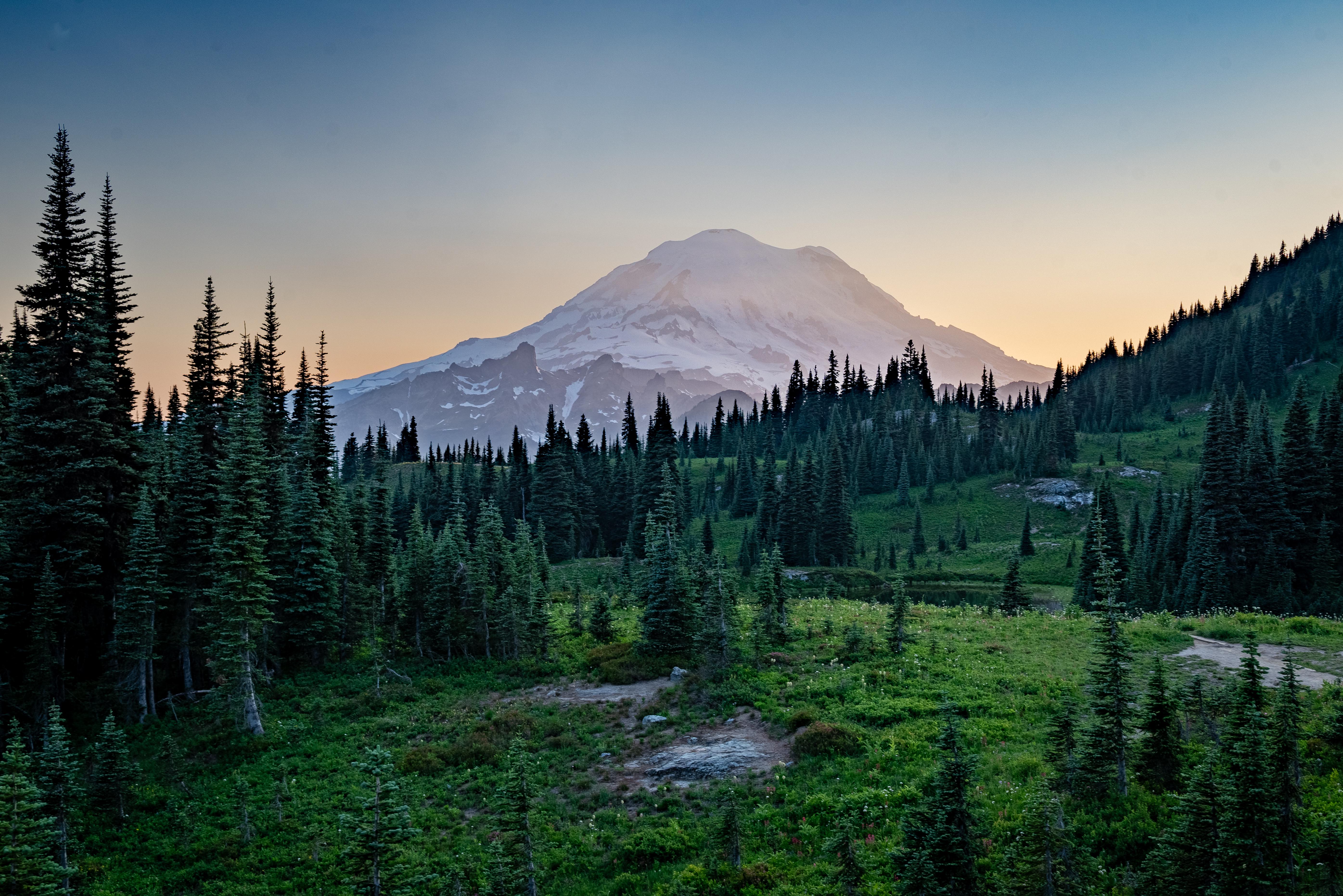 General 5582x3726 mountains forest field snow Washington (state) Mount Rainier National Park Mount Rainier landscape nature sunset