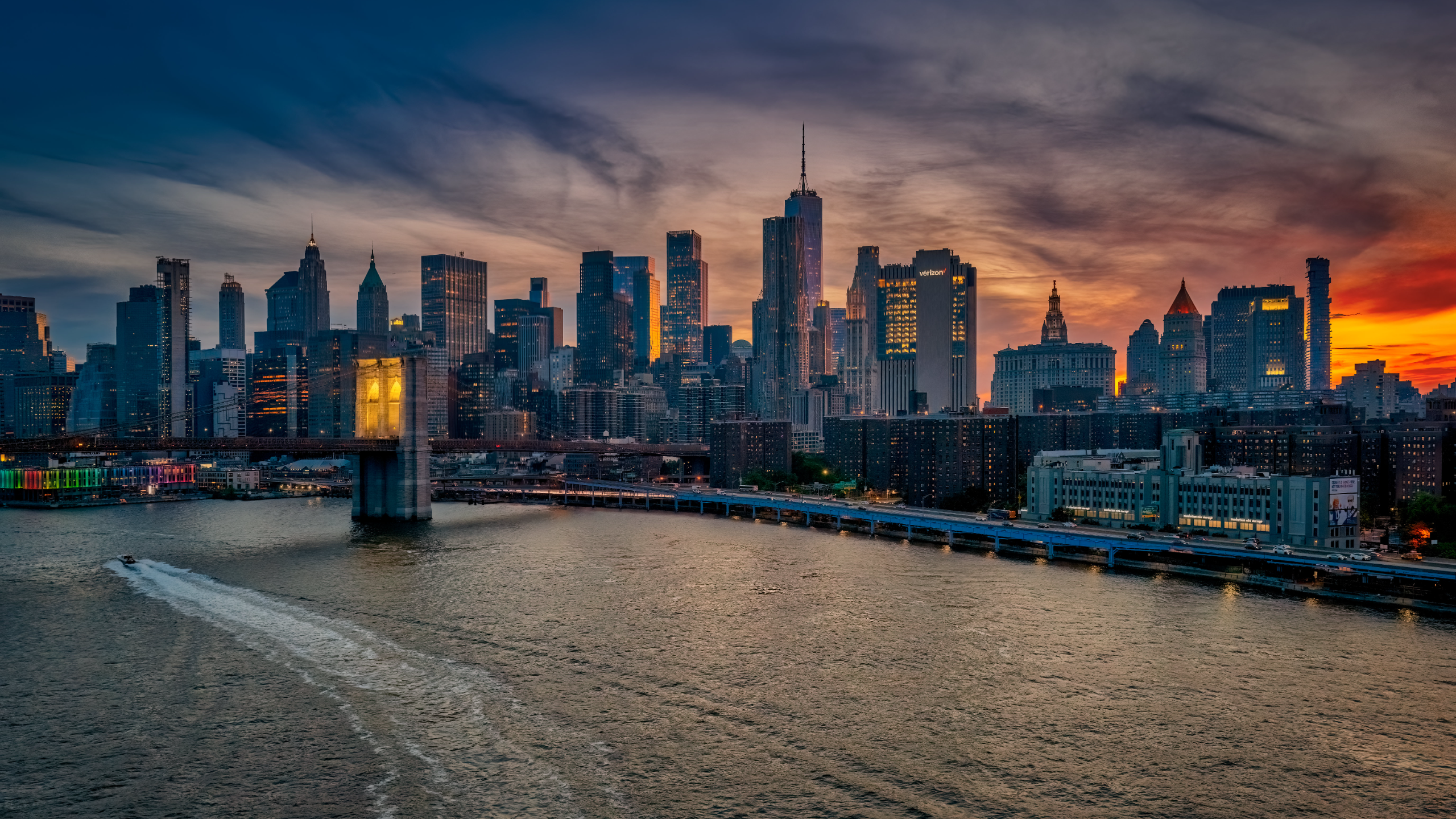 General 2560x1440 landscape city building clouds sky sunset lights river boat bridge skyscraper road car cityscape urban Brooklyn Bridge New York City USA