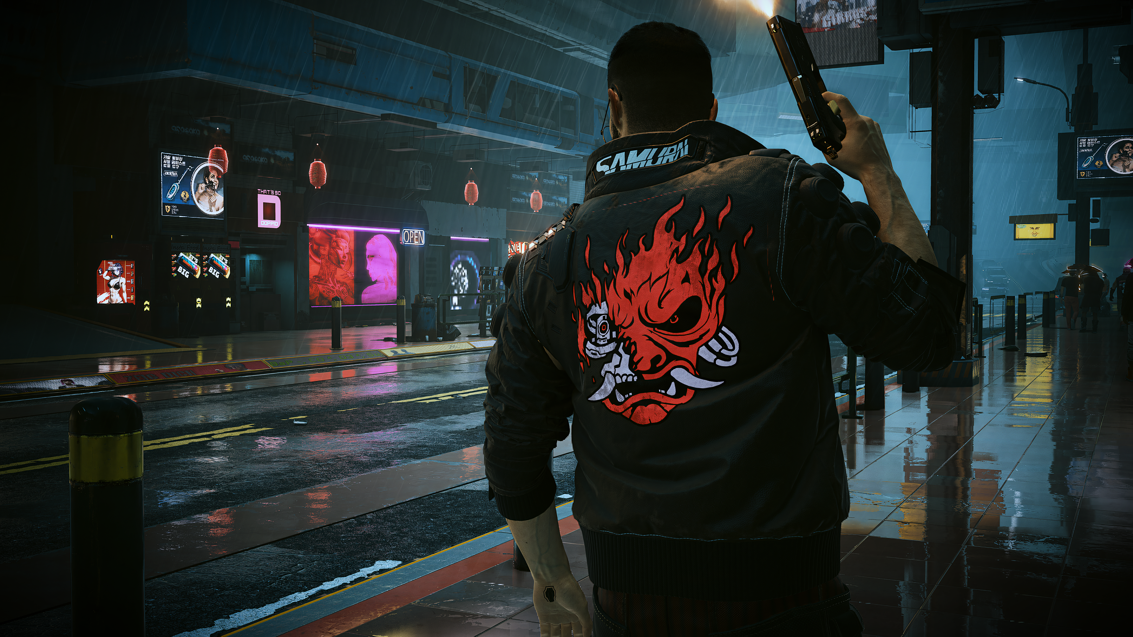 General 3840x2160 samurai Cyberpunk 2077 Cyberpunk 2077 NPC V (Cyberpunk 2077) city road rain reflection stores neon advertisements video game art video games fictional character clothes red