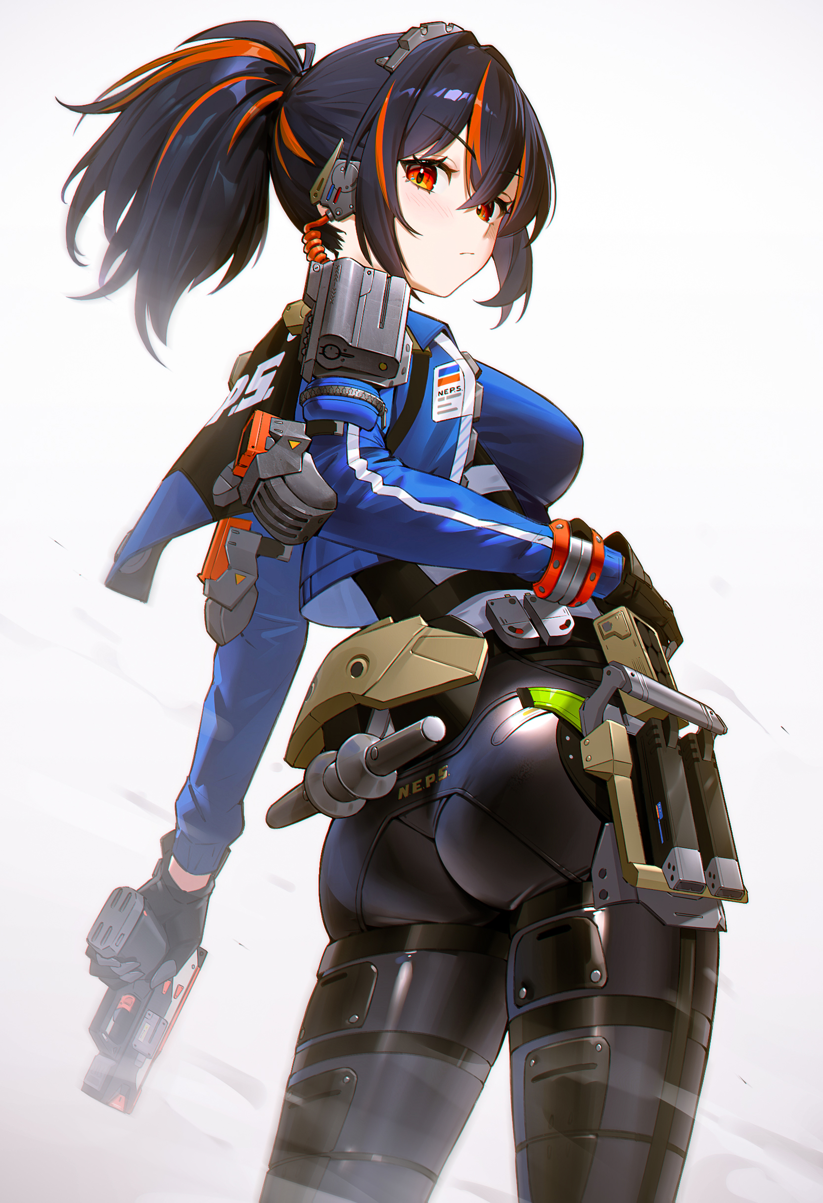 Anime 1664x2432 Zenless Zone Zero artwork Zhu Yuan (Zenless Zone Zero) anime anime girls black hair ponytail earphones police pistol leather pants  simple background portrait display Jiuwujiang