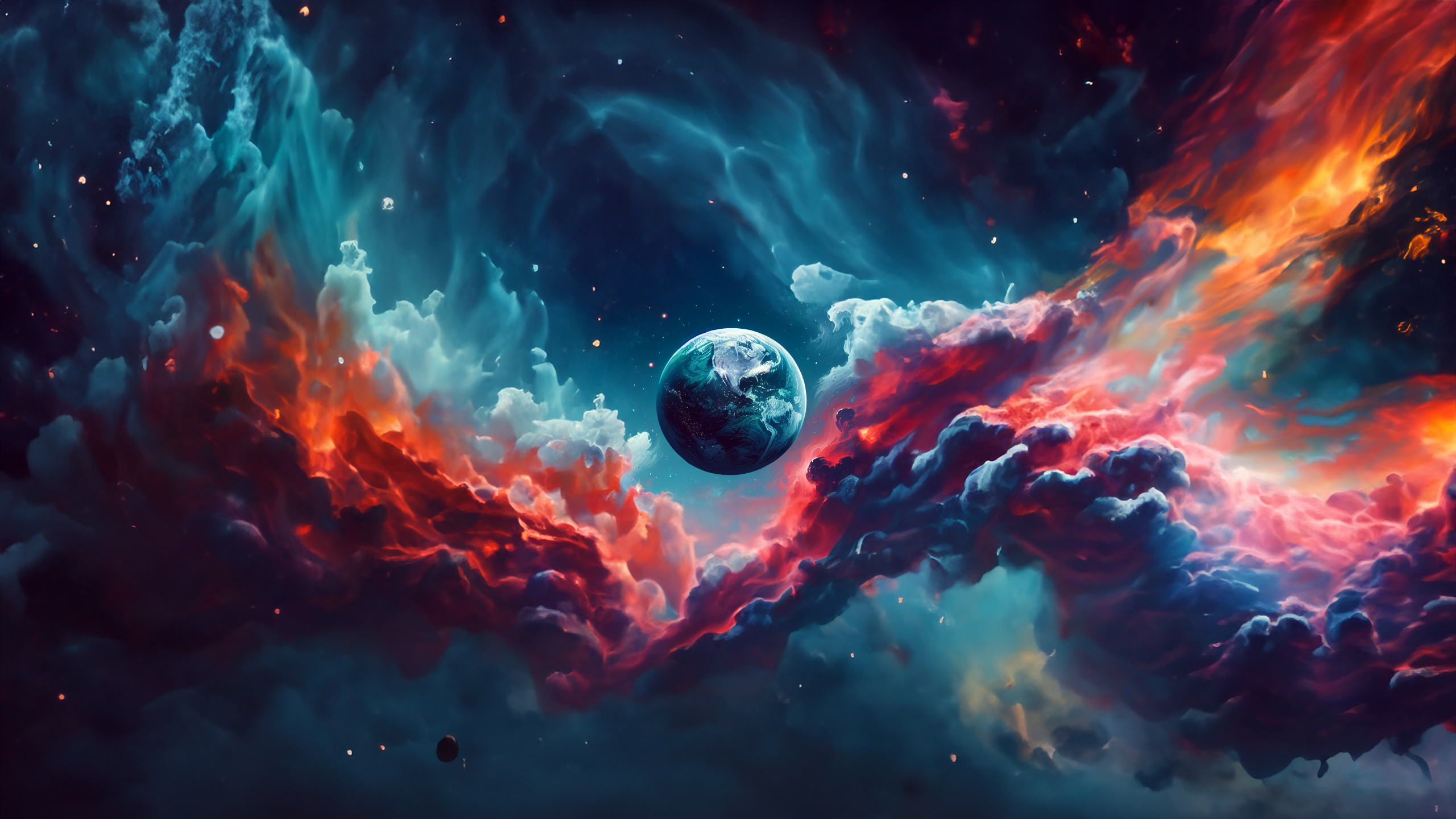 General 2560x1440 space nebula universe stars planet Earth red blue AI art
