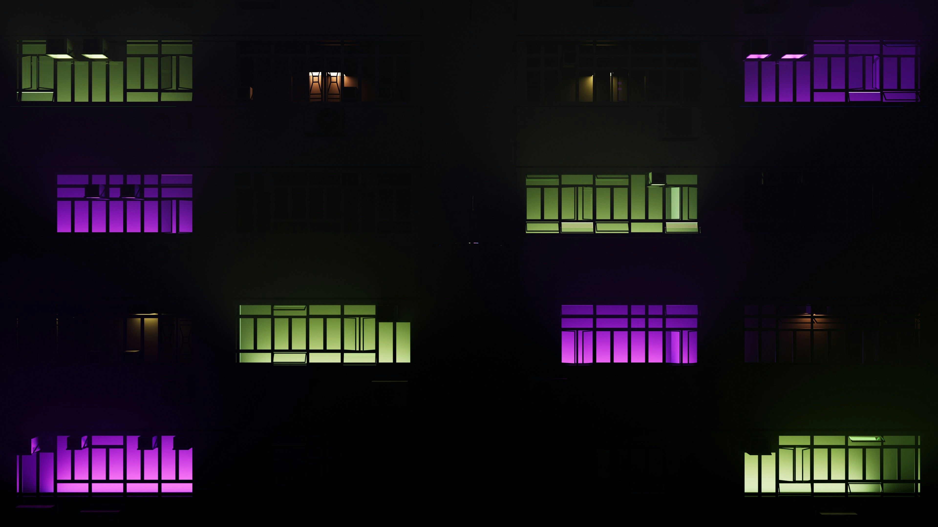 General 3840x2160 digital art CGI lights building apartments dark green purple