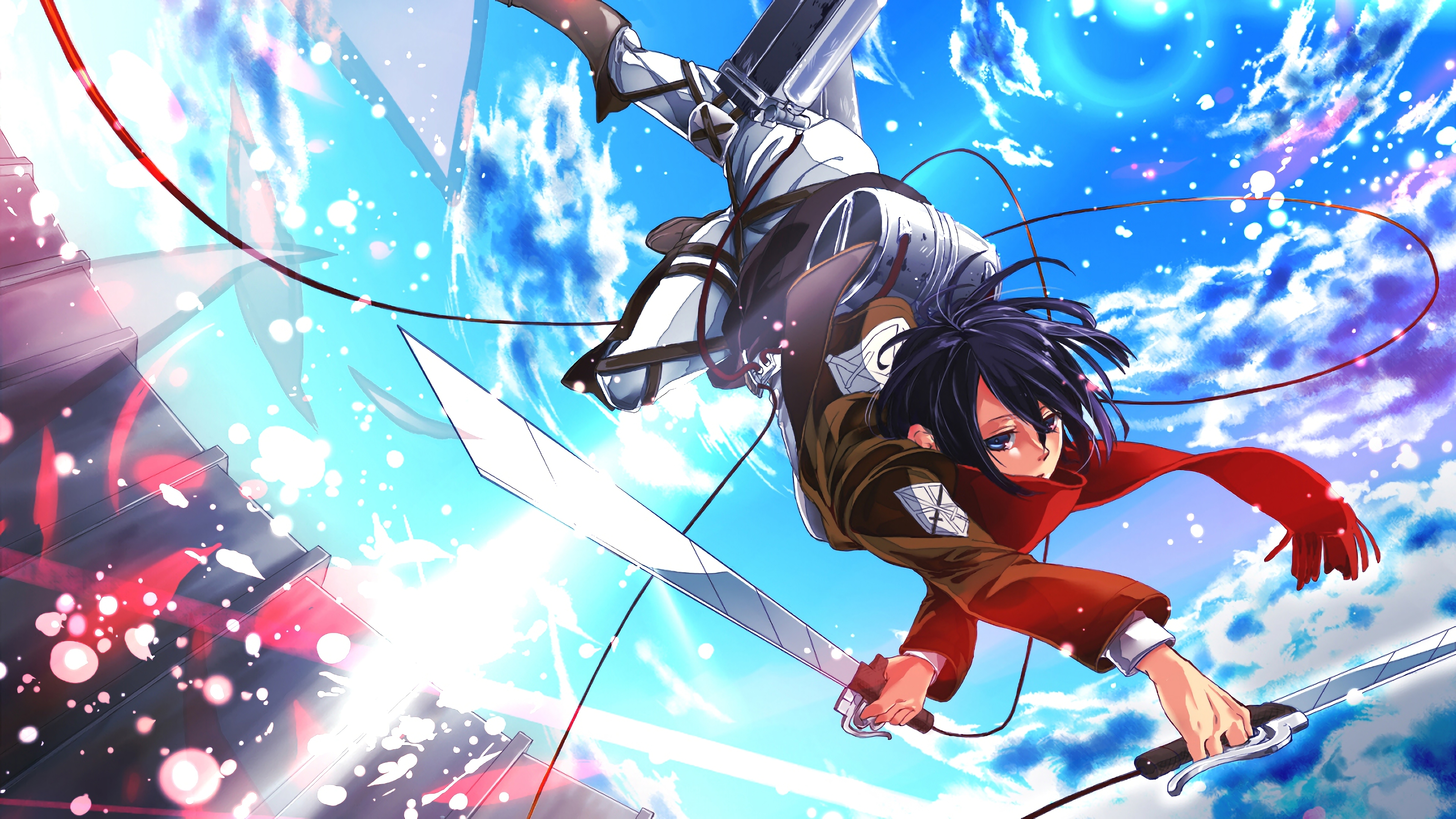 Anime 3840x2160 Shingeki no Kyojin Mikasa Ackerman black hair sky sword scarf flying anime girls