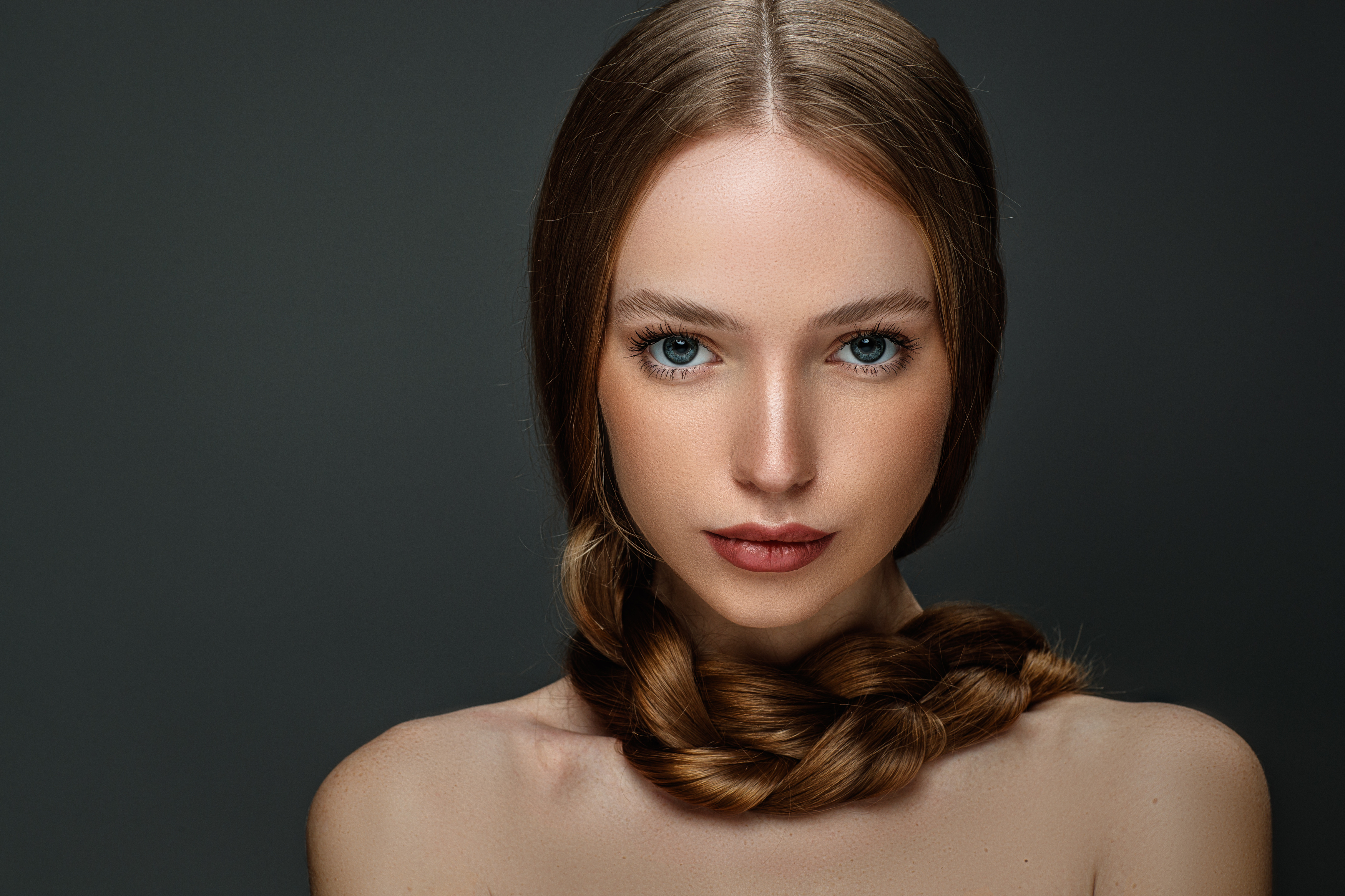 People 3500x2333 Sergey Sorokin brunette blue eyes makeup braids portrait simple background face women