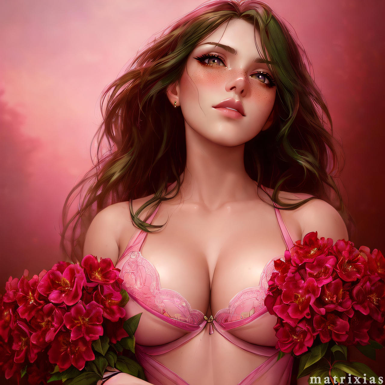 General 1280x1280 Matrixias AI art Stable Diffusion women skimpy clothes long hair wavy hair lingerie flowers blushing big boobs head tilt cleavage