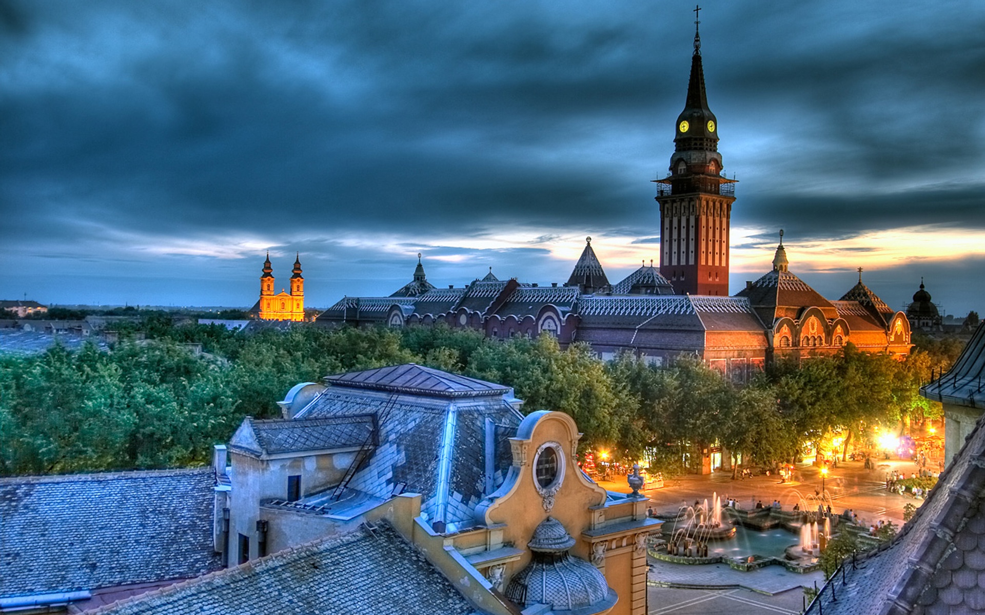 General 1920x1200 cathedral Serbia city clouds lights trees Subotica